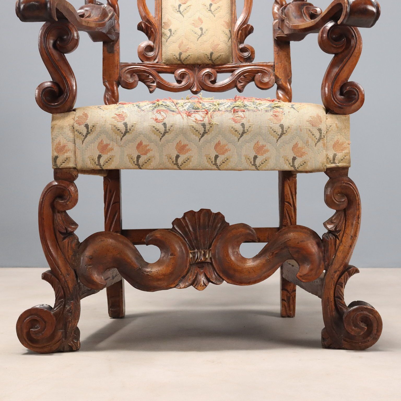 Antique Baroque Armchairs Walnut Fabric Italy XVII Century photo vintage