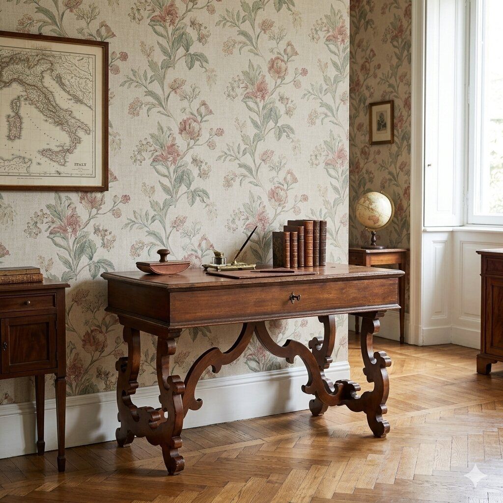 Antiek bureau St. Philip walnoot houtsnijwerk Italië 20e eeuw photo furniture