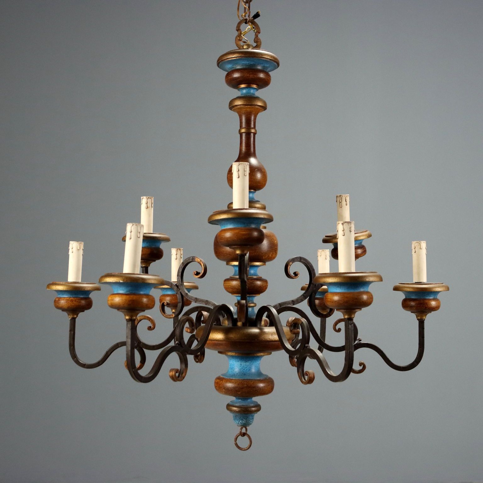 Antique Chandelier Wood Brass 9 Lights Italy XX Century photo for sale
