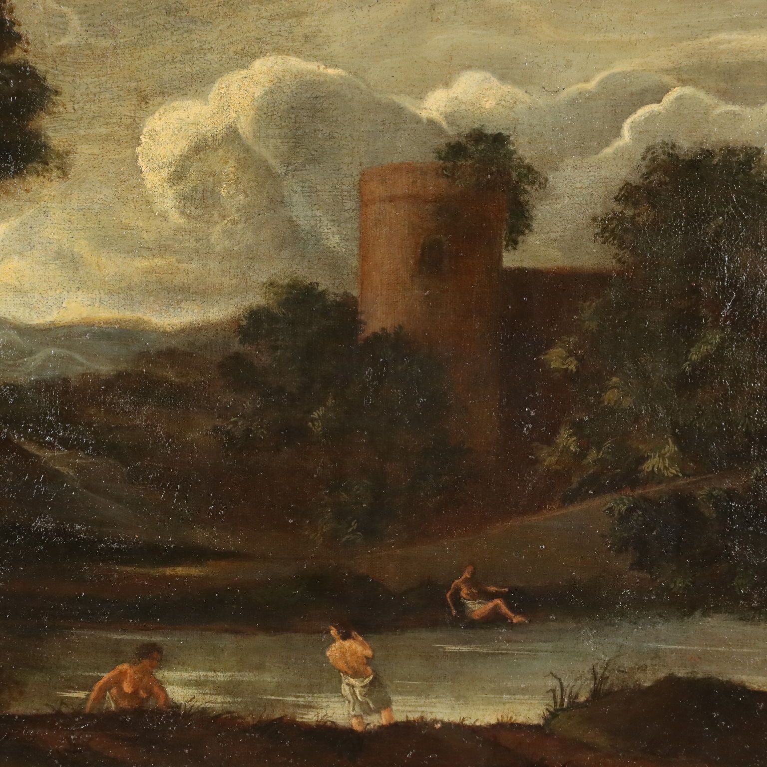 Antique Painting Landscape With Buildings Oil On Canvas '700 photo for sale