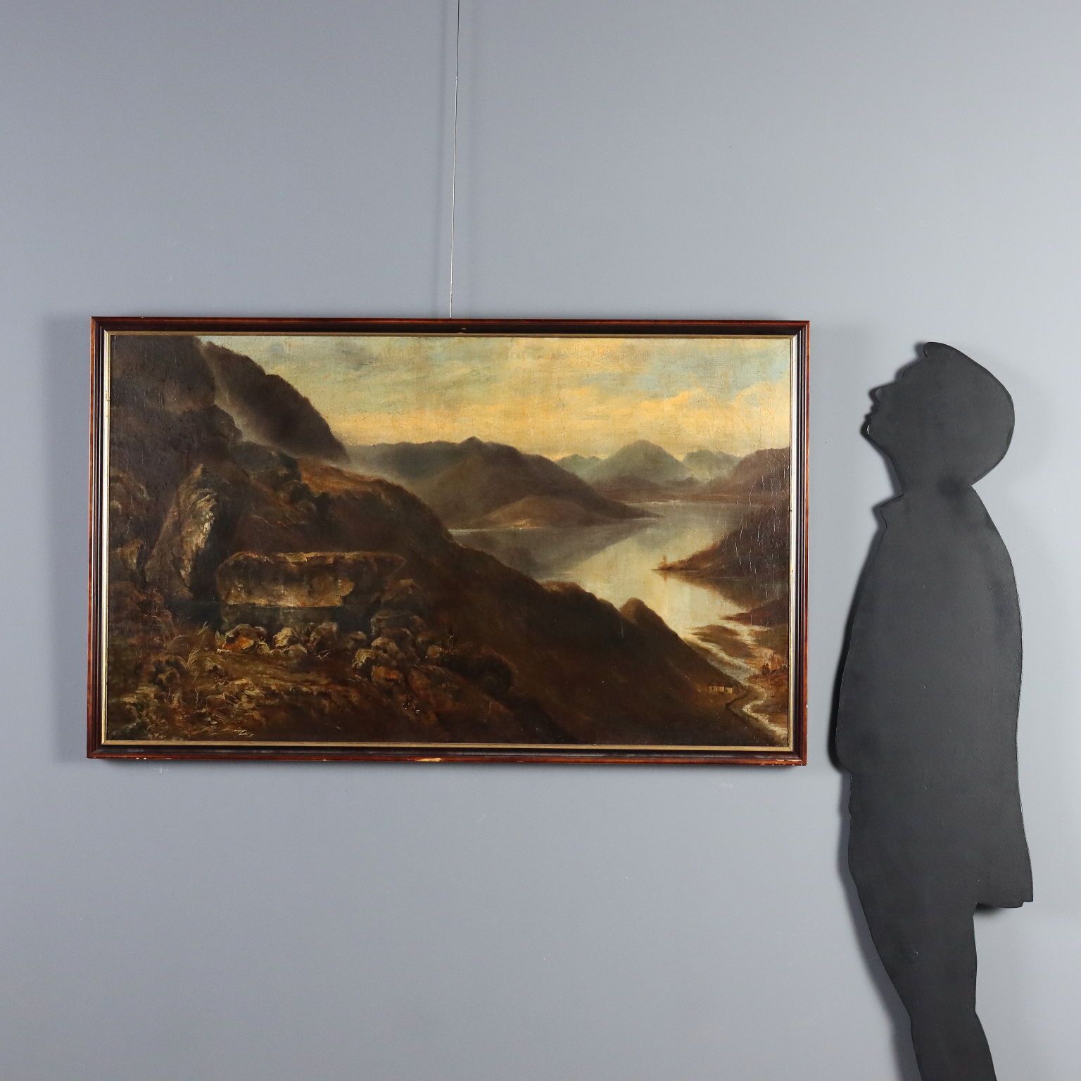 Tableau d'époque, paysage de montagne avec lac, huile sur toile, 1890 photo furniture
