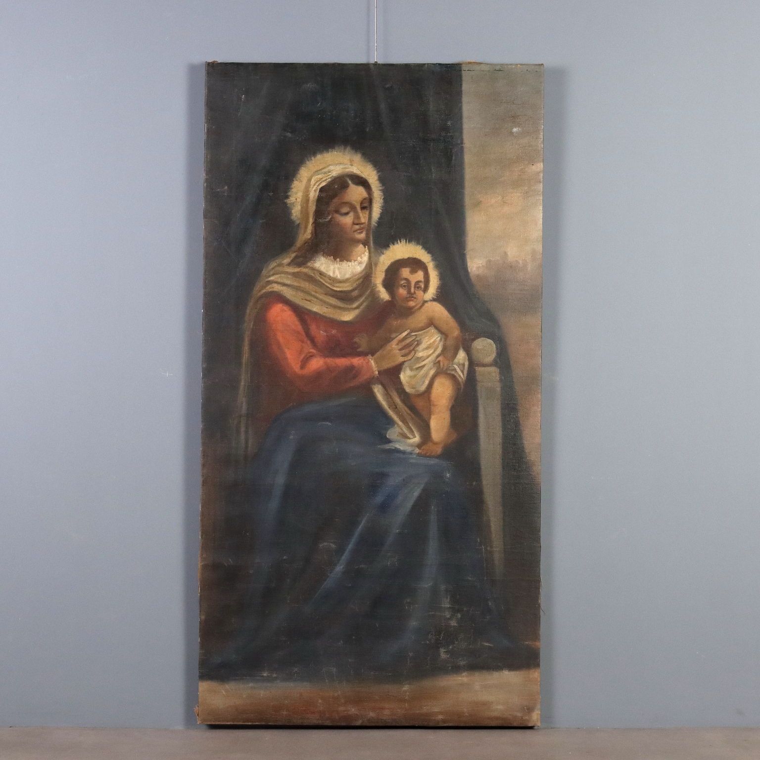 Antique Painting Virgin Mary With Child Oil On Canvas XIX Century