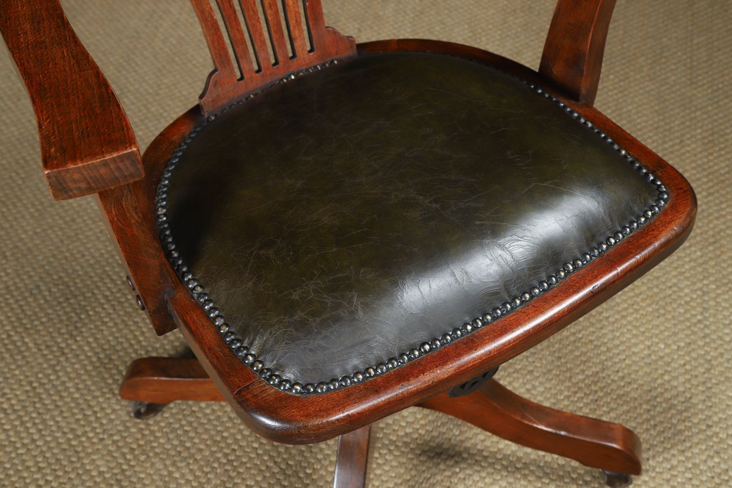 English Edwardian Beech & Green Leather Revolving Office Desk Arm Chair (Circa 1910) photo 975.0