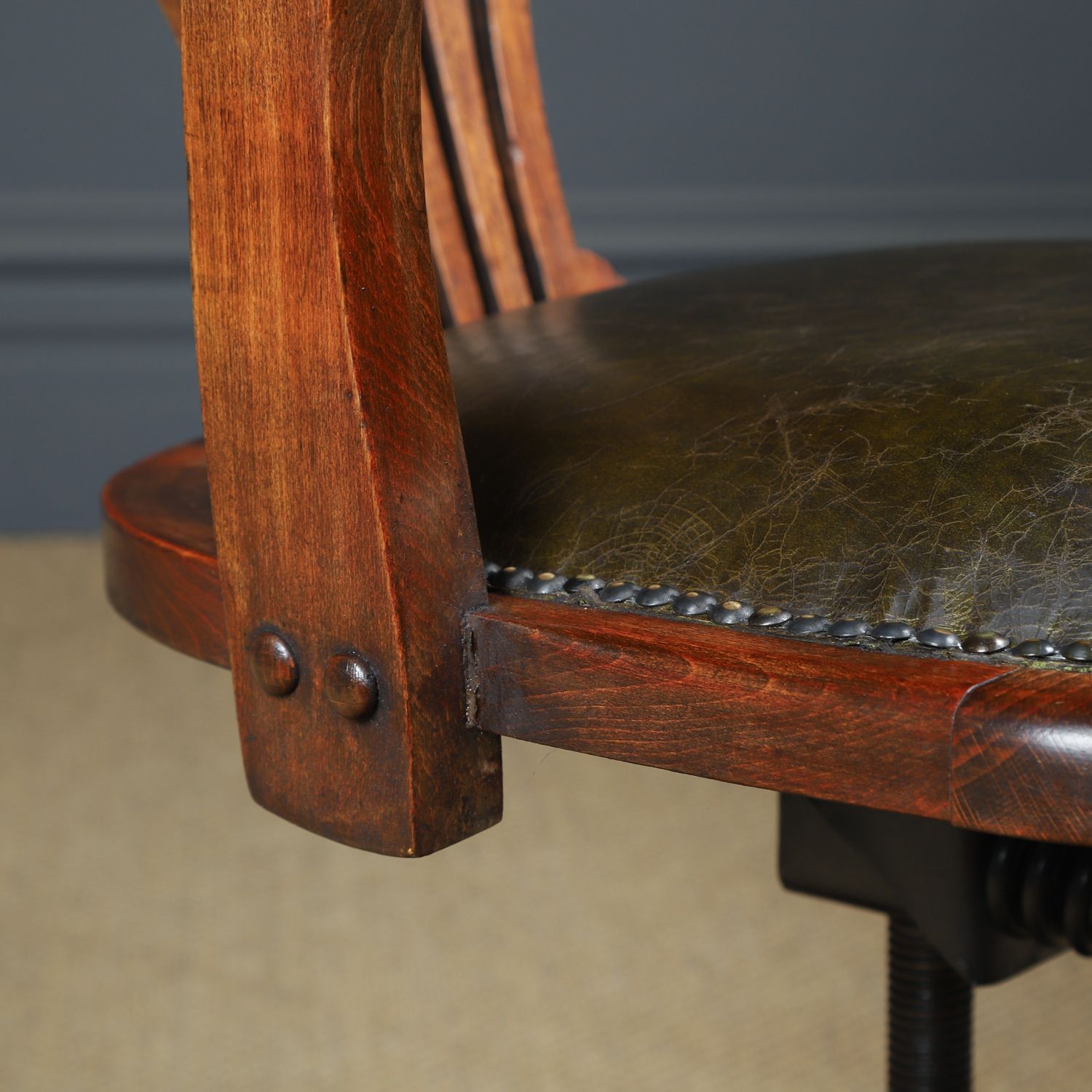 English Edwardian Beech & Green Leather Revolving Office Desk Arm Chair (Circa 1910) photo vintage