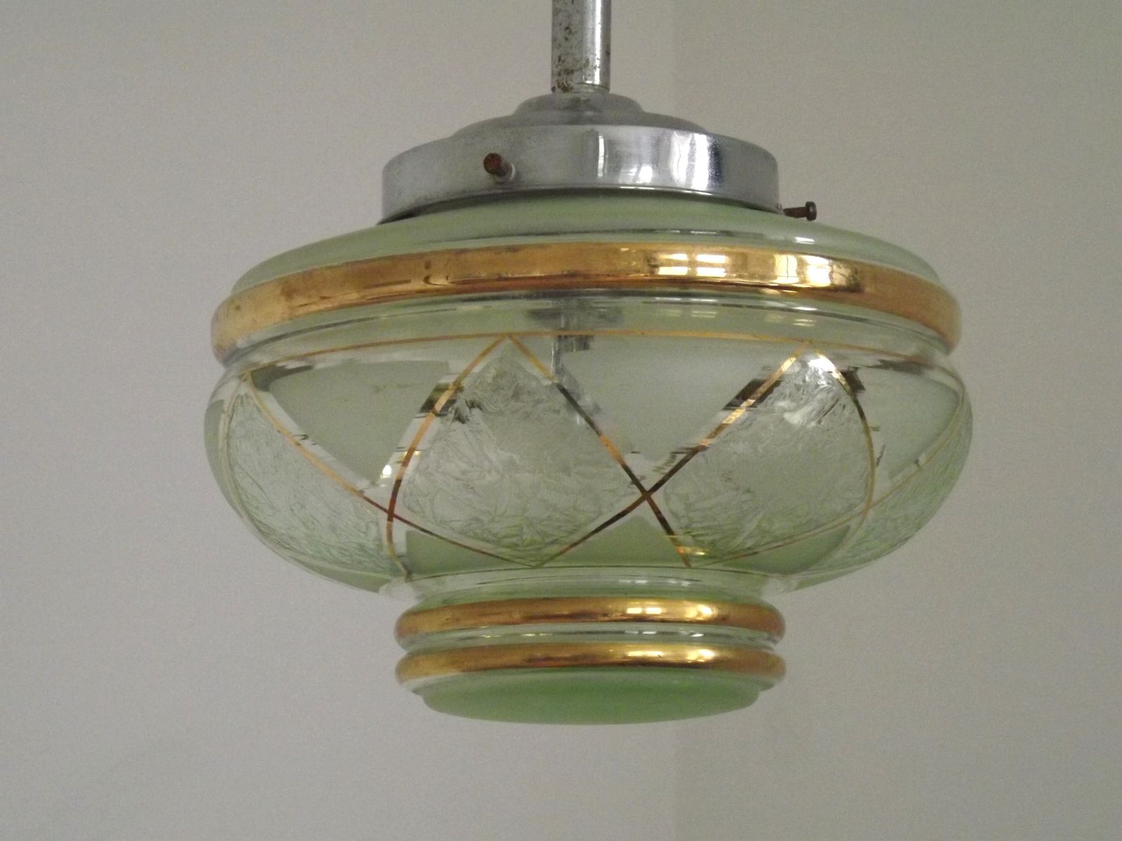 French Green & Gold Art Deco Glass Shade Ceiling Light Silver Fittings photo 125.0