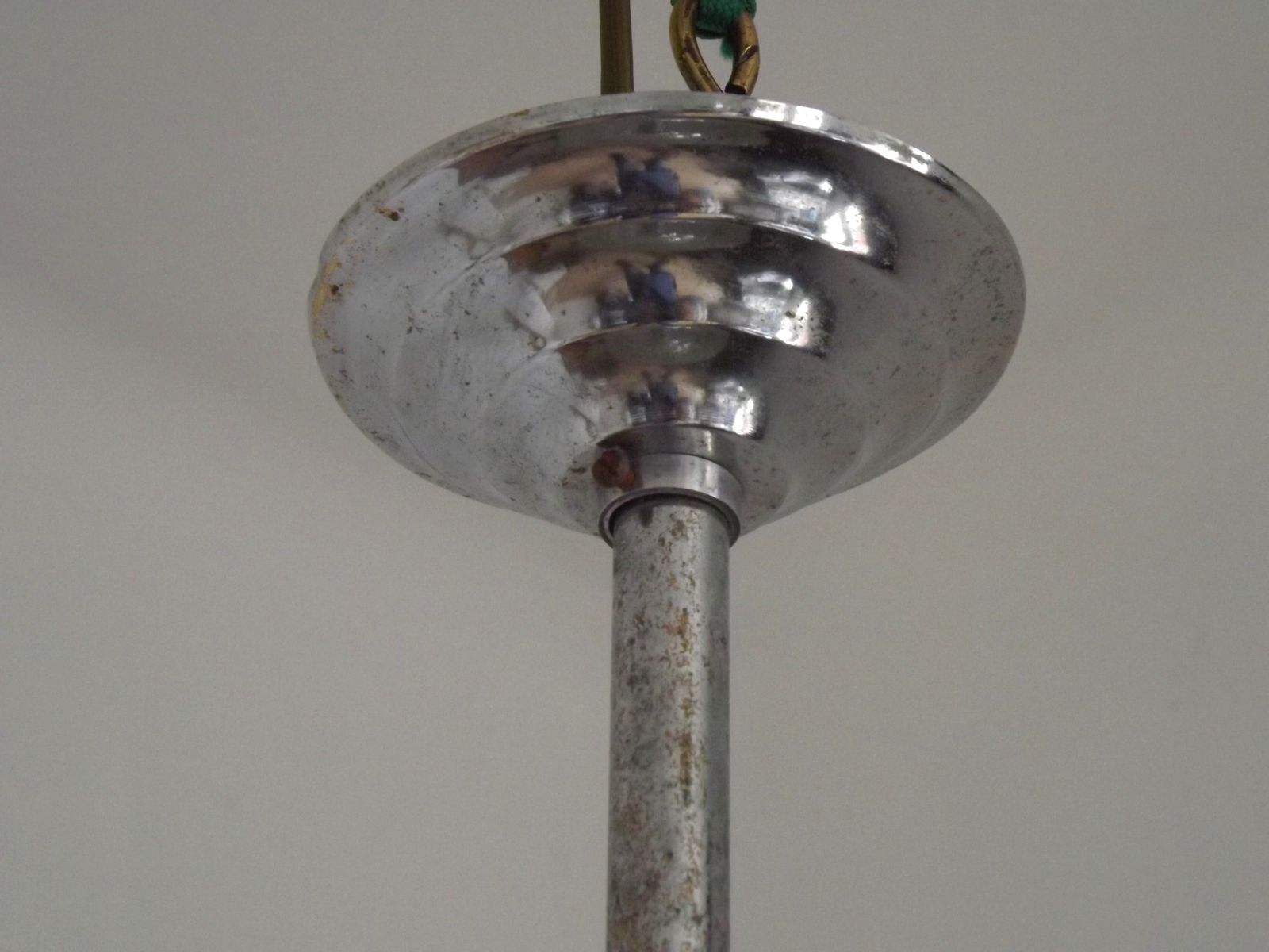 125.0 French Green & Gold Art Deco Glass Shade Ceiling Light Silver Fittings photo