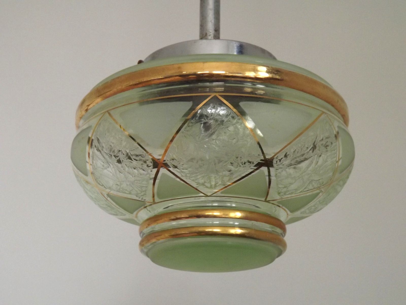 French Green & Gold Art Deco Glass Shade Ceiling Light Silver Fittings photo vintage