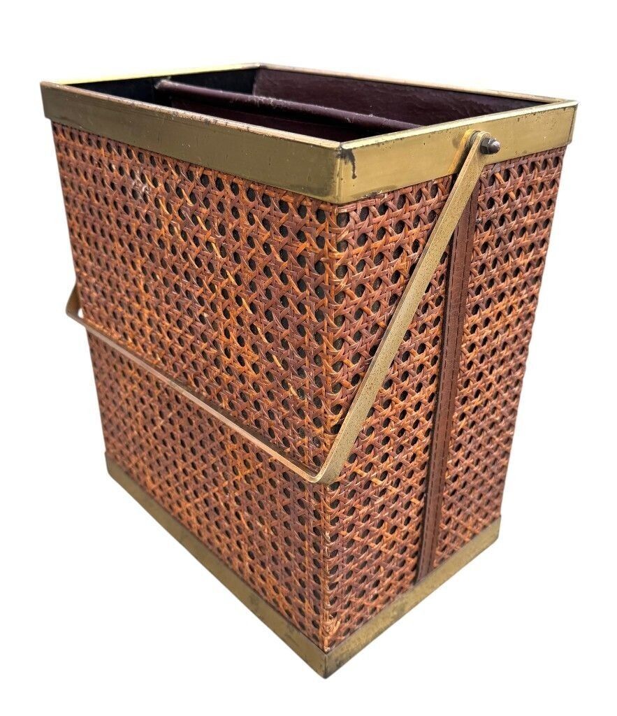An Italian 1970s Rattan And Gilt Metal Magazine Rack photo for sale