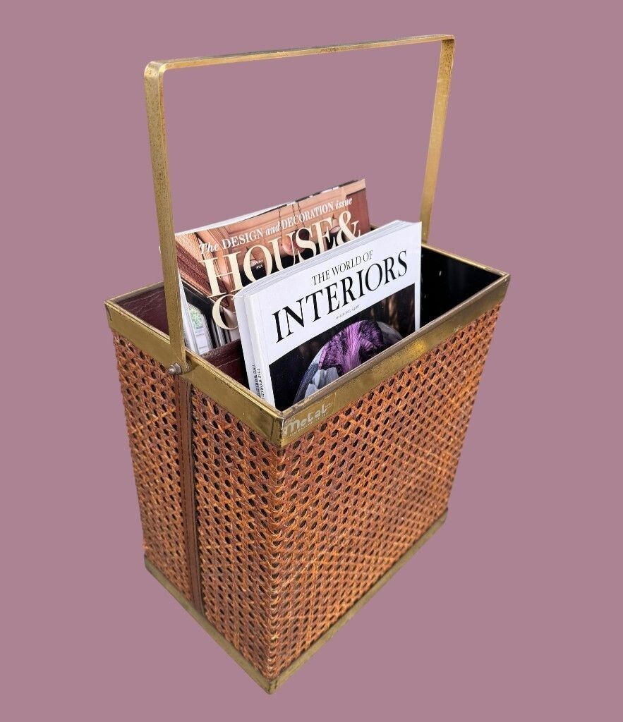 photo for sale An Italian 1970s Rattan And Gilt Metal Magazine Rack