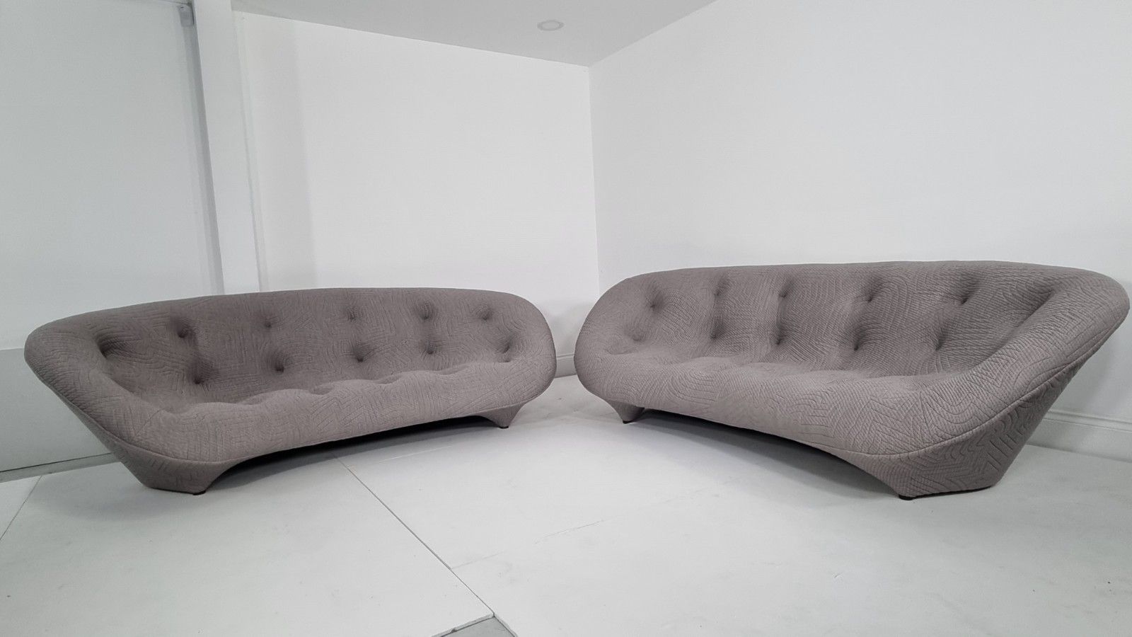 A Stunning Pair Of Ligne Roset Ploum Sofas In Appa Ulster Grey In Excellent Cond photo for sale