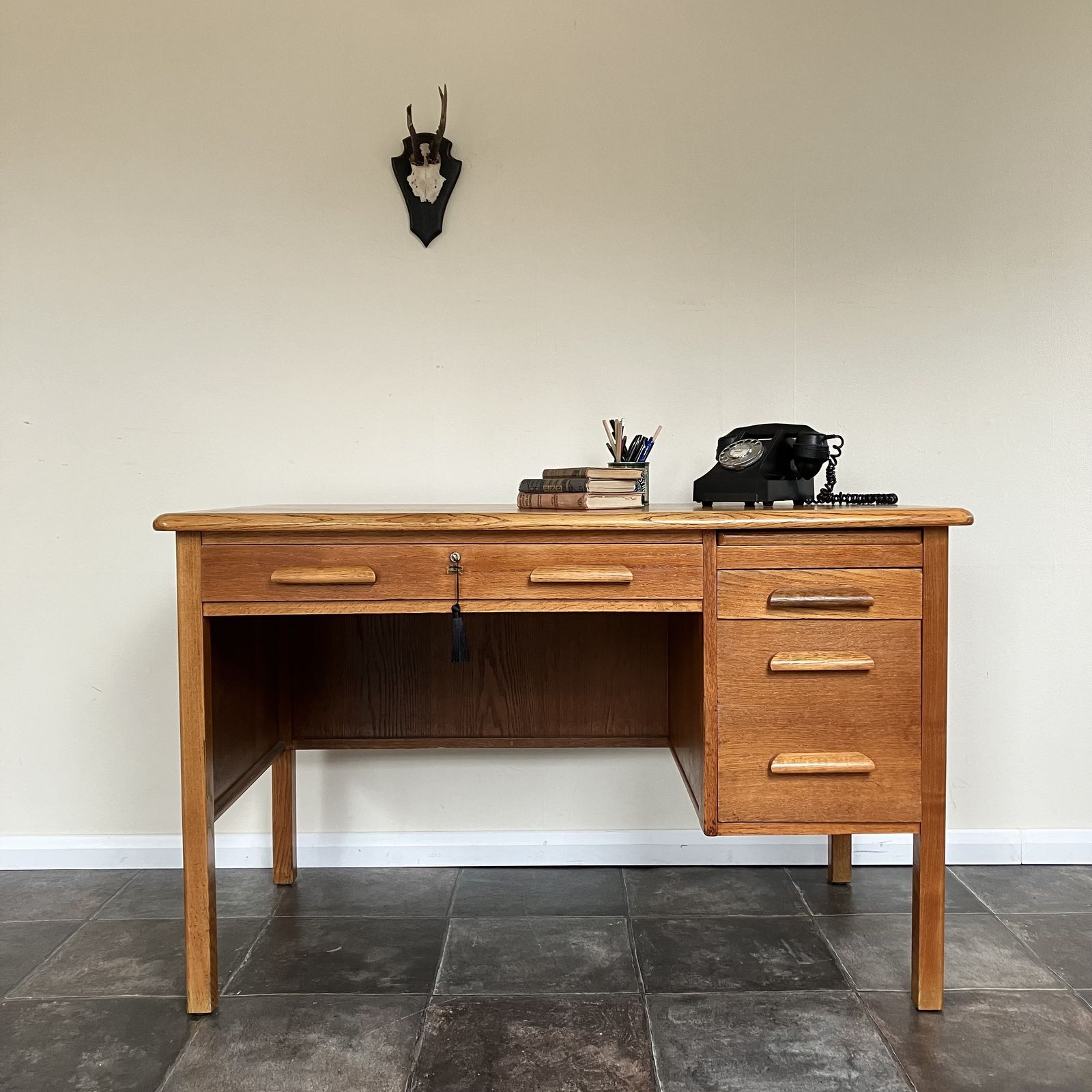 Refurbished Mid Century 1950's Oak Teacher's Desk By Abbess, Lockable