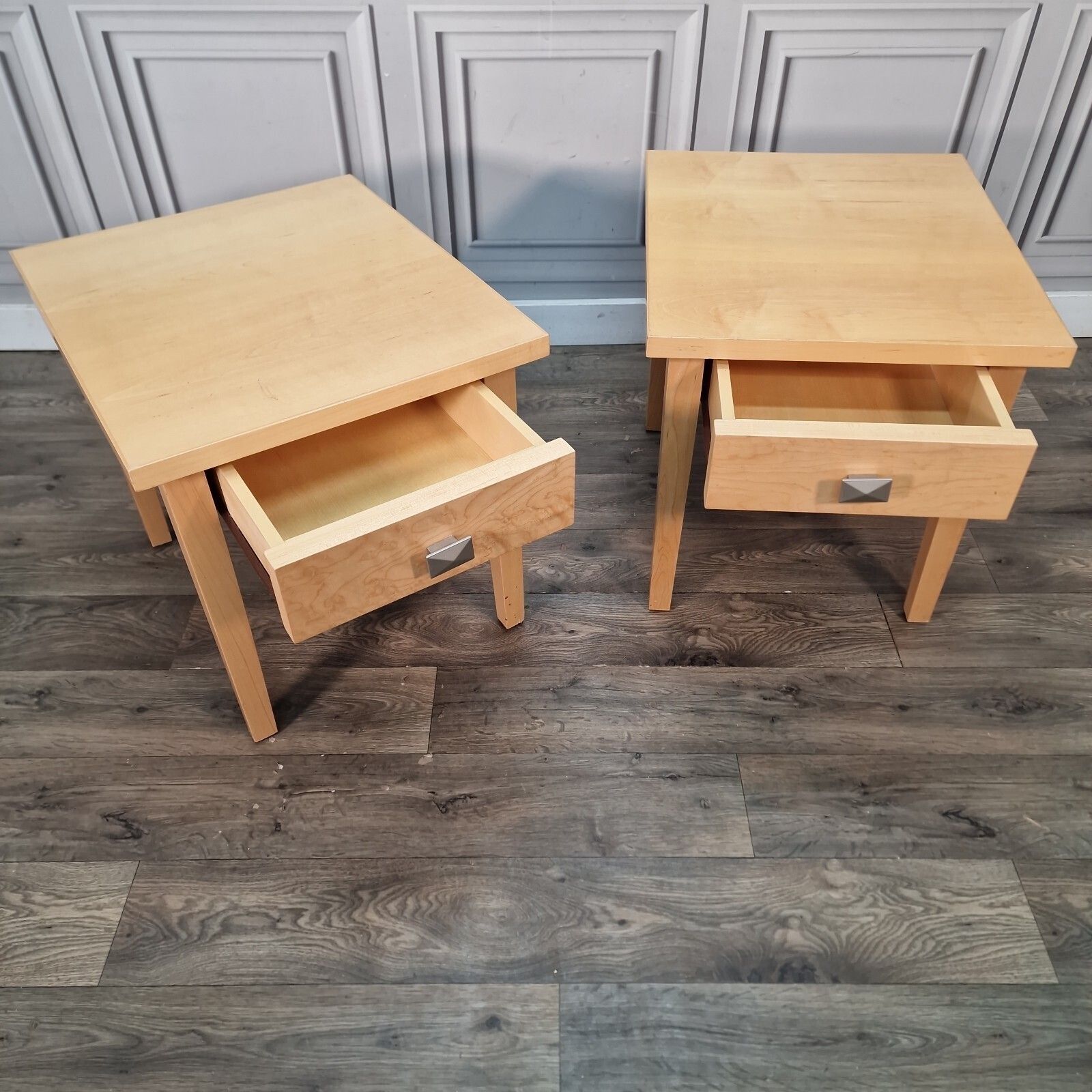 Pair 2 Bedside Tables Maple Veneer Drawers Lamp Side Cabinet Nightstands Retro photo furniture