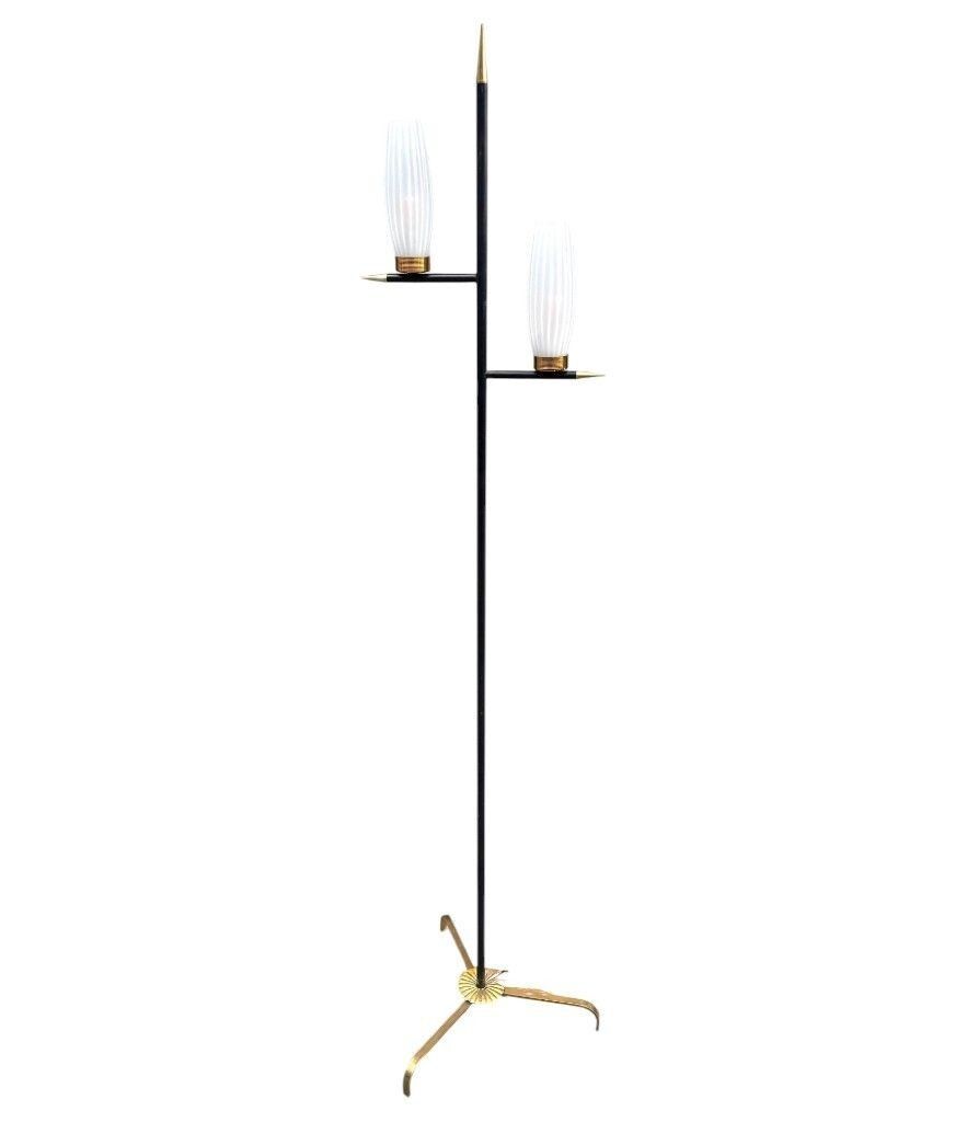 An Italian 1960s Black Lacquer And Brass Floor Lamp With Opaline Glass Shades