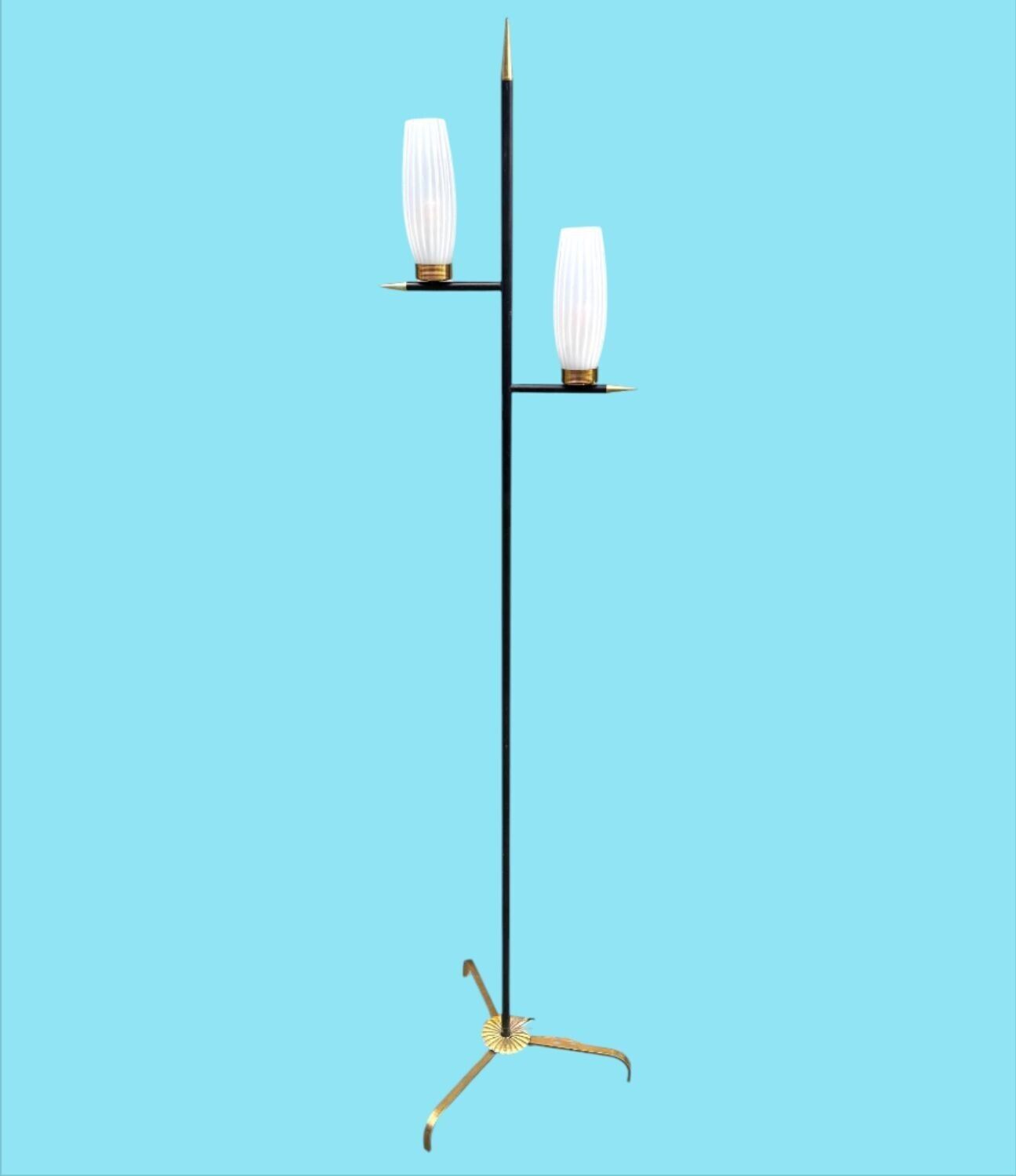 An Italian 1960s Black Lacquer And Brass Floor Lamp With Opaline Glass Shades photo Lighting