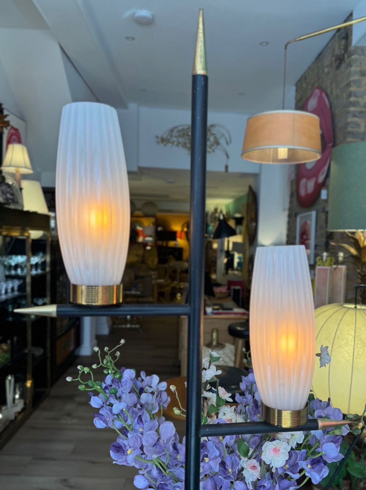 photo furniture An Italian 1960s Black Lacquer And Brass Floor Lamp With Opaline Glass Shades