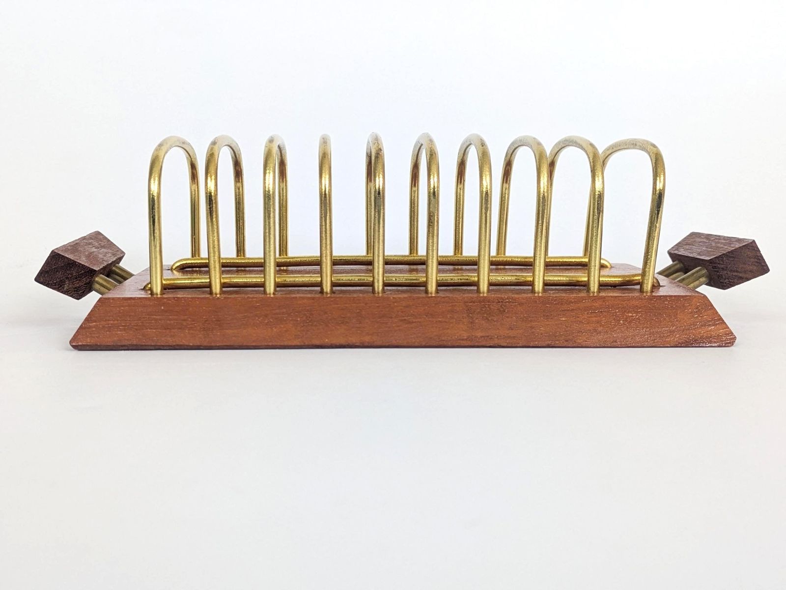 Teak Brass Toast Rack 9 Slot Midcentury 1960s Danish Style Letter Holder Desk Organiser photo vinterior