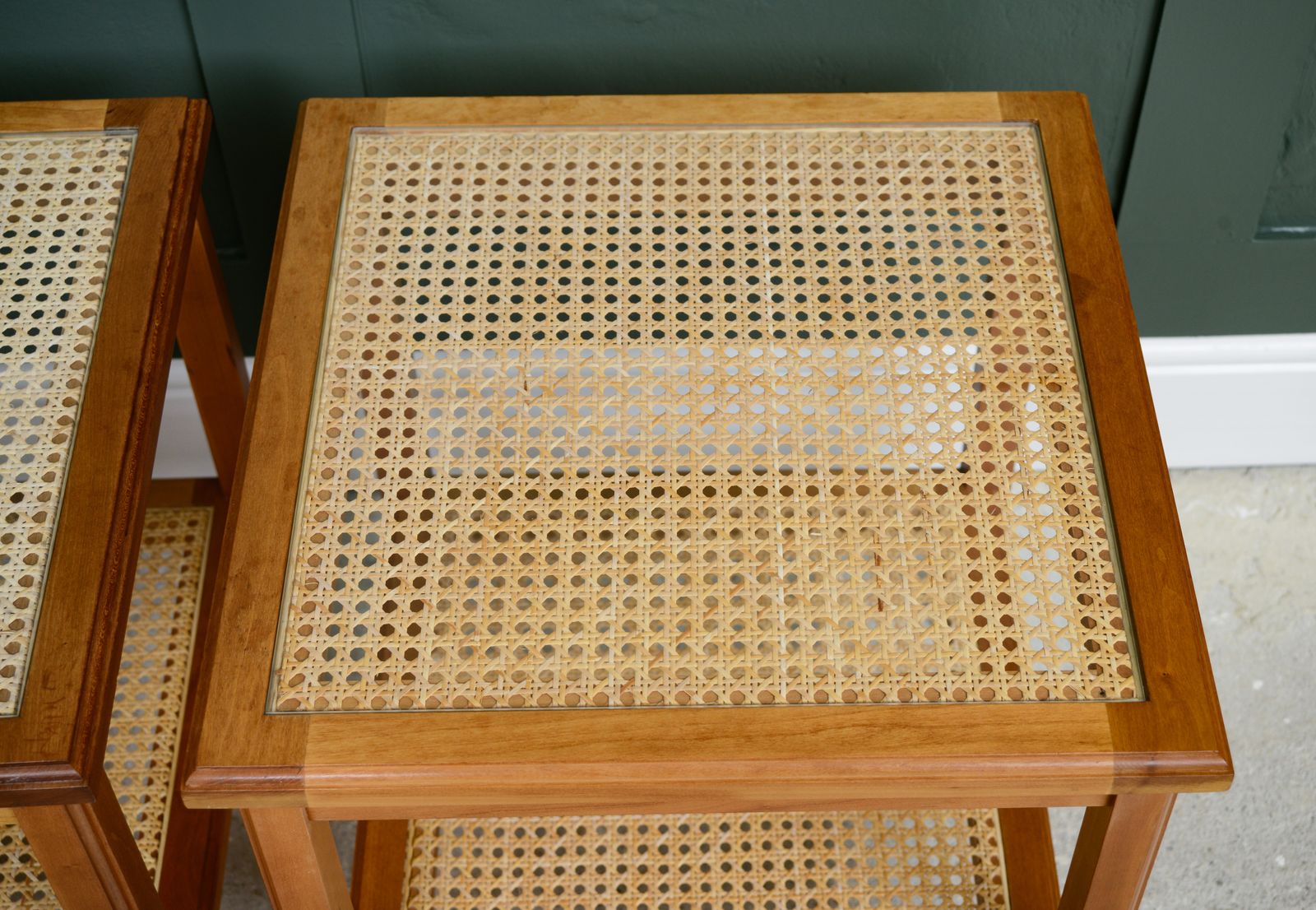 Pair Cane Rattan Side End Tables   Glass Tops   Hardwood photo vinterior