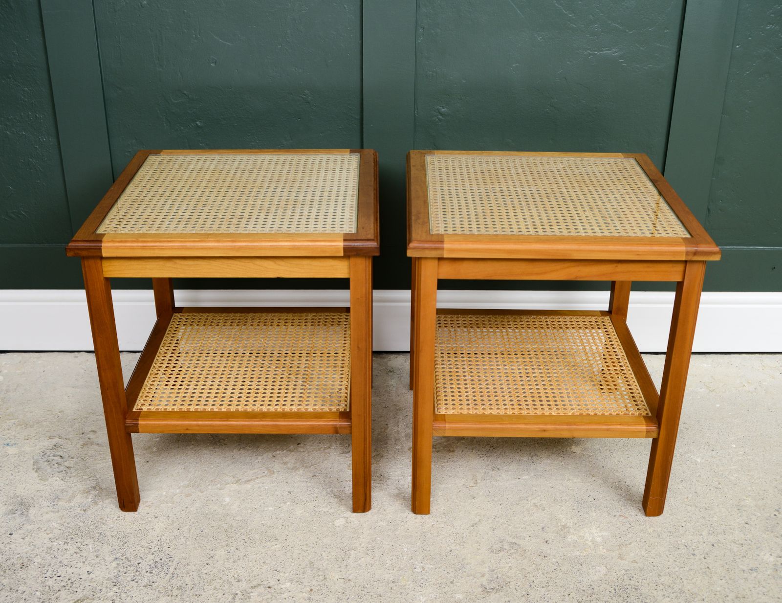 Pair Cane Rattan Side End Tables   Glass Tops   Hardwood photo vintage