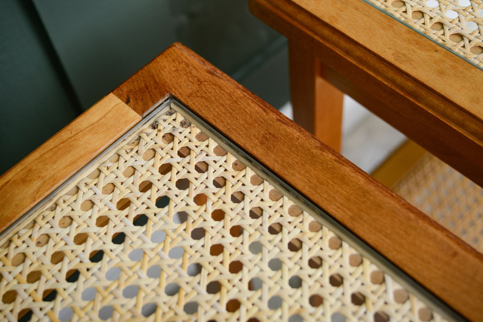 photo furniture Pair Cane Rattan Side End Tables   Glass Tops   Hardwood