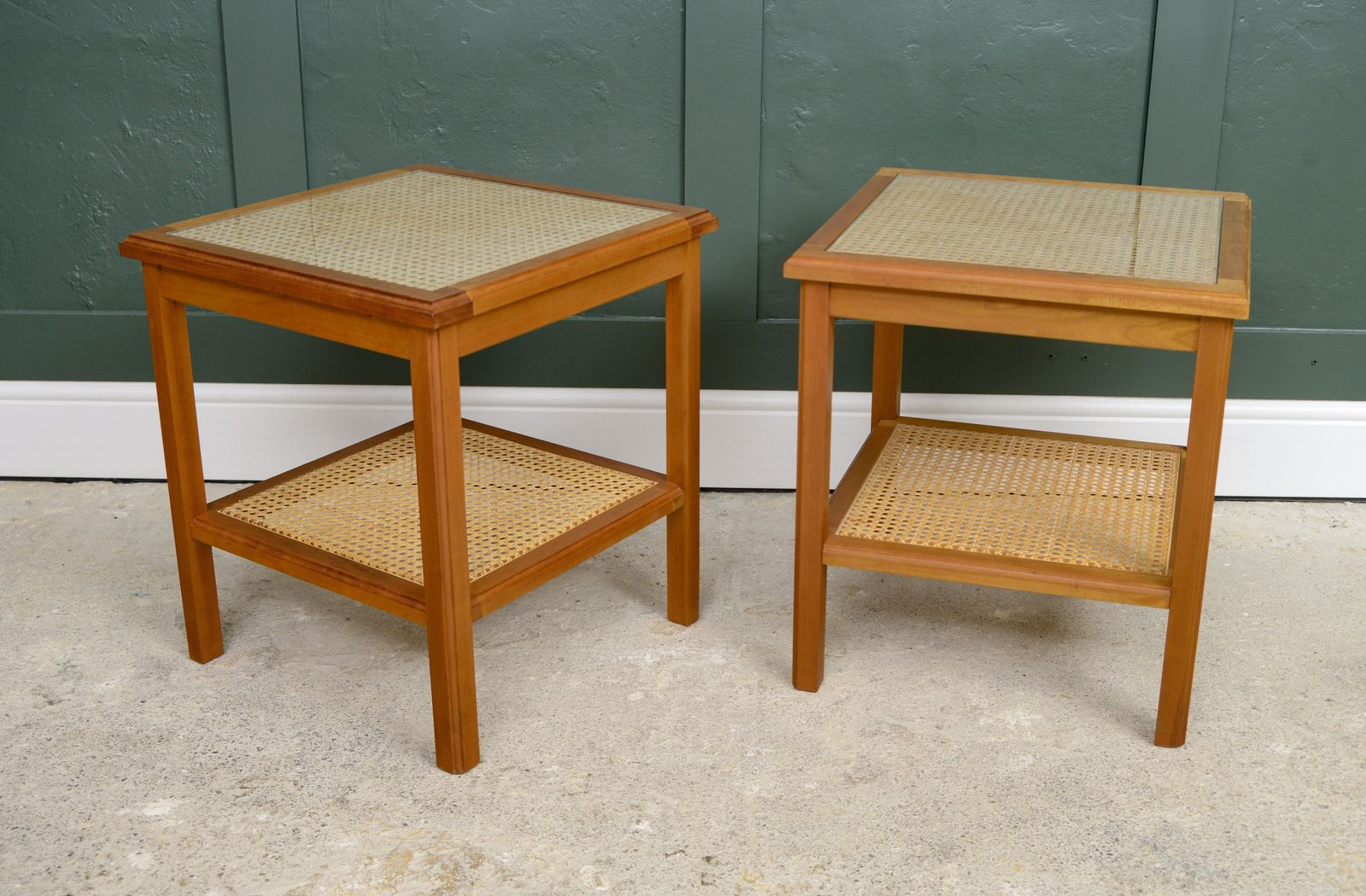 photo vintage Pair Cane Rattan Side End Tables   Glass Tops   Hardwood