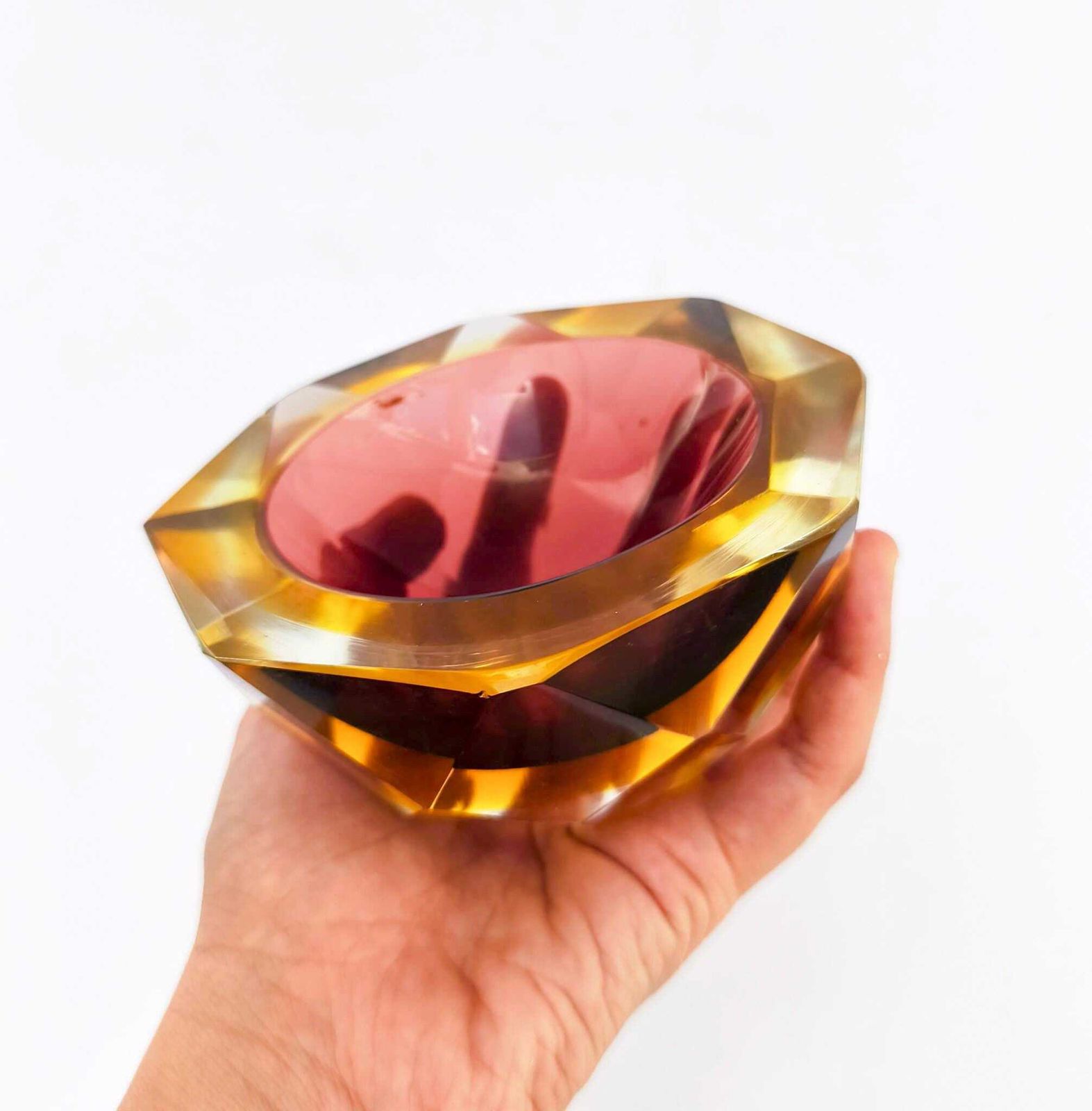 Vintage Murano Glass Bowl, Submerged, Designed By Poli Mandruzzato, Yellow And Burgundy, From The 1970s. photo for sale
