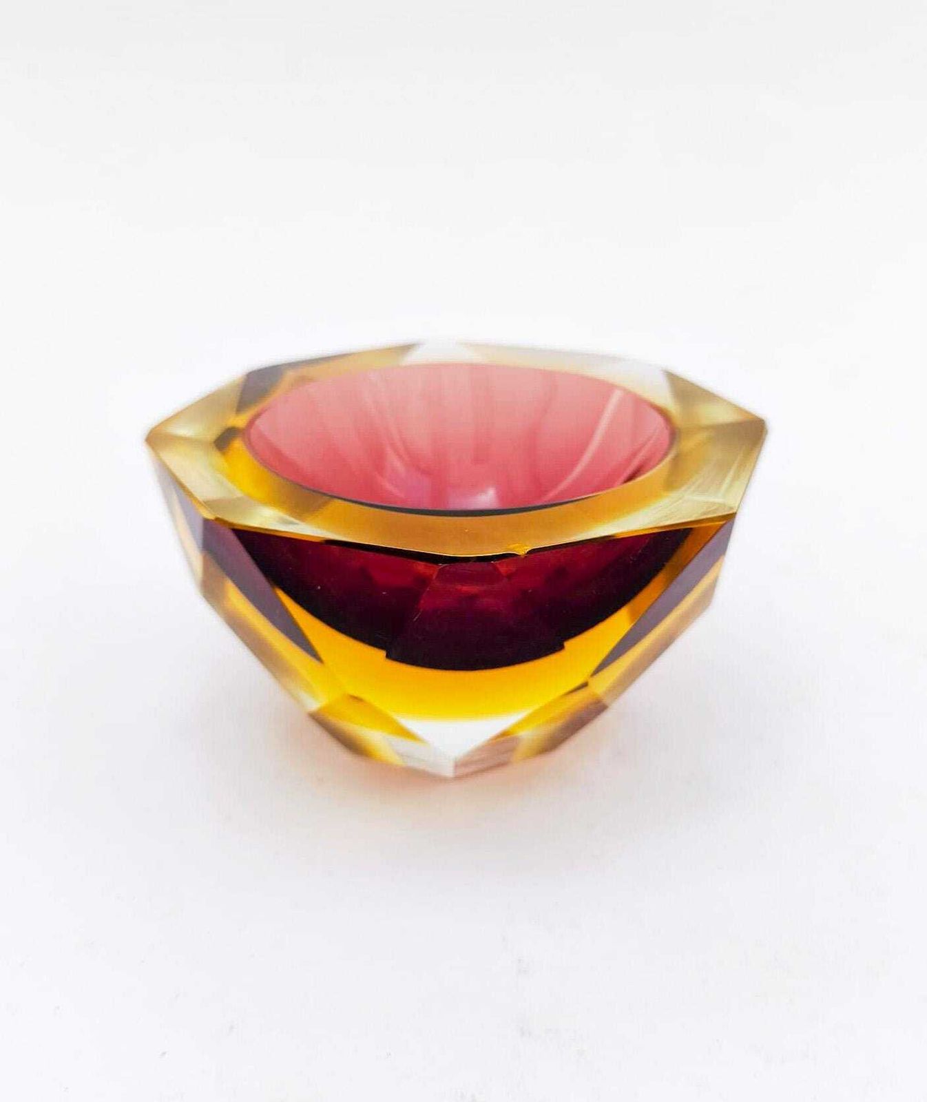 Vintage Murano Glass Bowl, Submerged, Designed By Poli Mandruzzato, Yellow And Burgundy, From The 1970s. photo vinterior