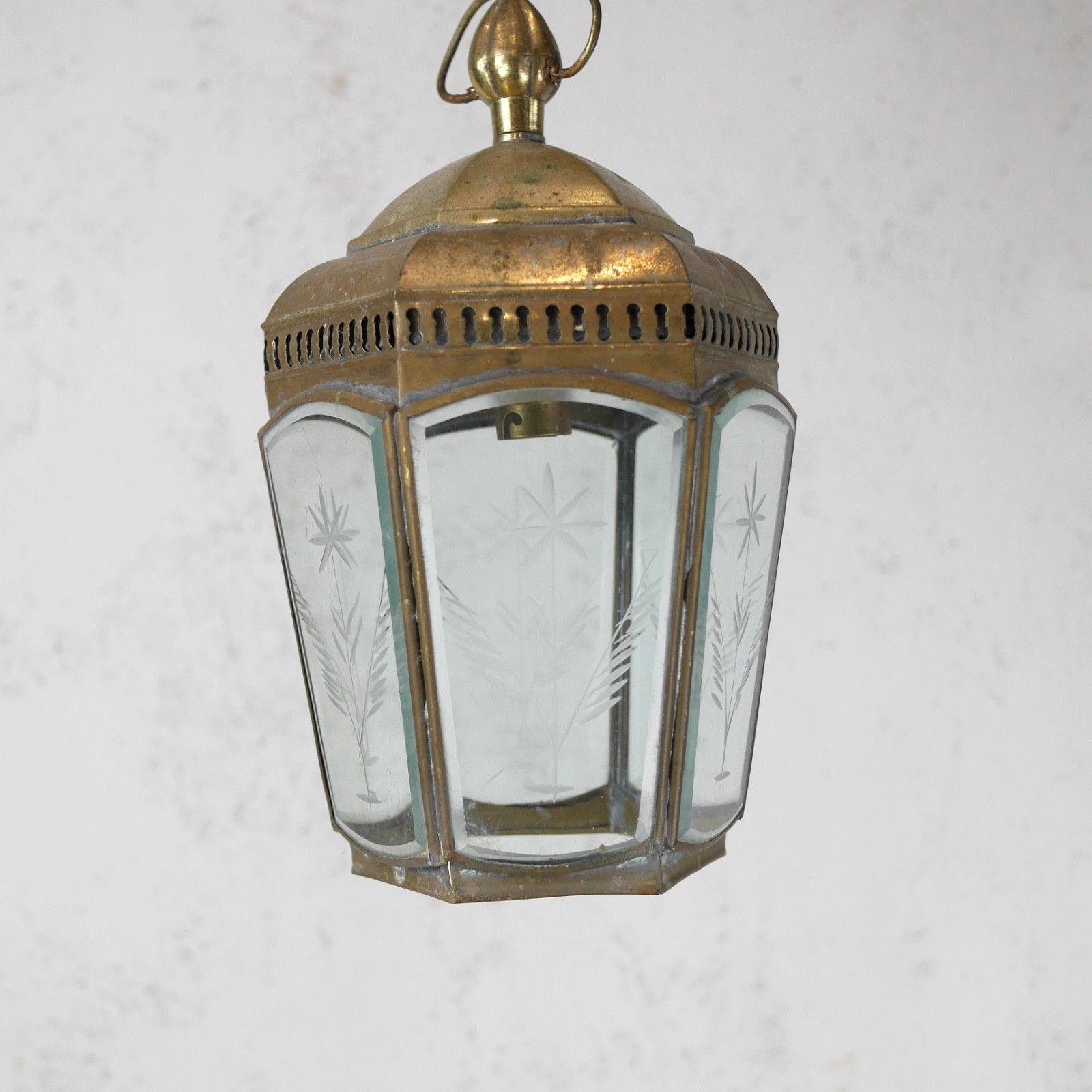 Vintage Brass Etched Glass Hall Light Lantern Pendent Hexagonal Antique #103185 photo vinterior