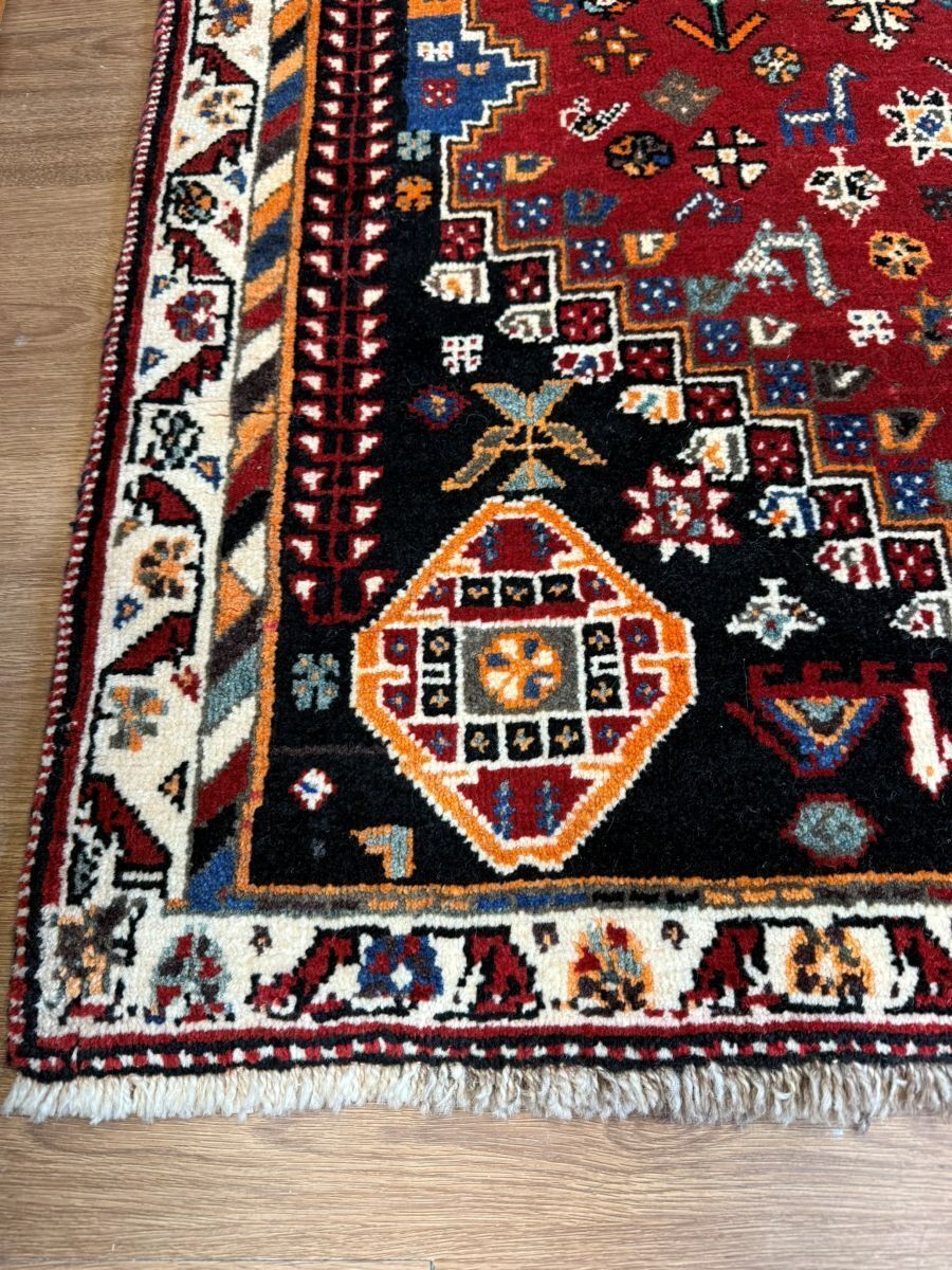 Vintage Qashqai Geometric Hand Knotted Wool Rug Red Black Blue 175x140cm photo 750.0