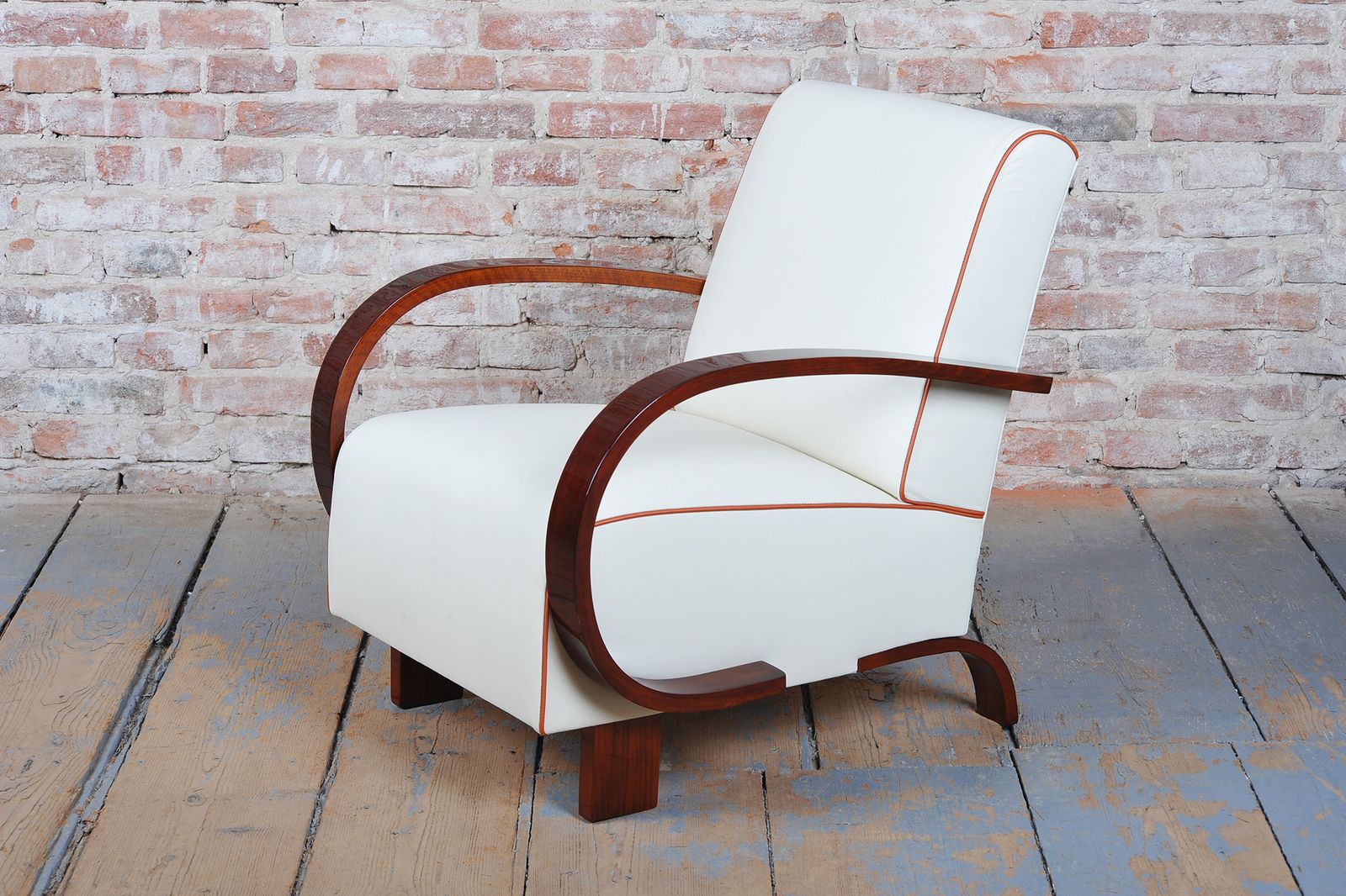 Restored Art Deco Armchair, Walnut, Leather, Revived Polish, Czech, 1930s photo for sale