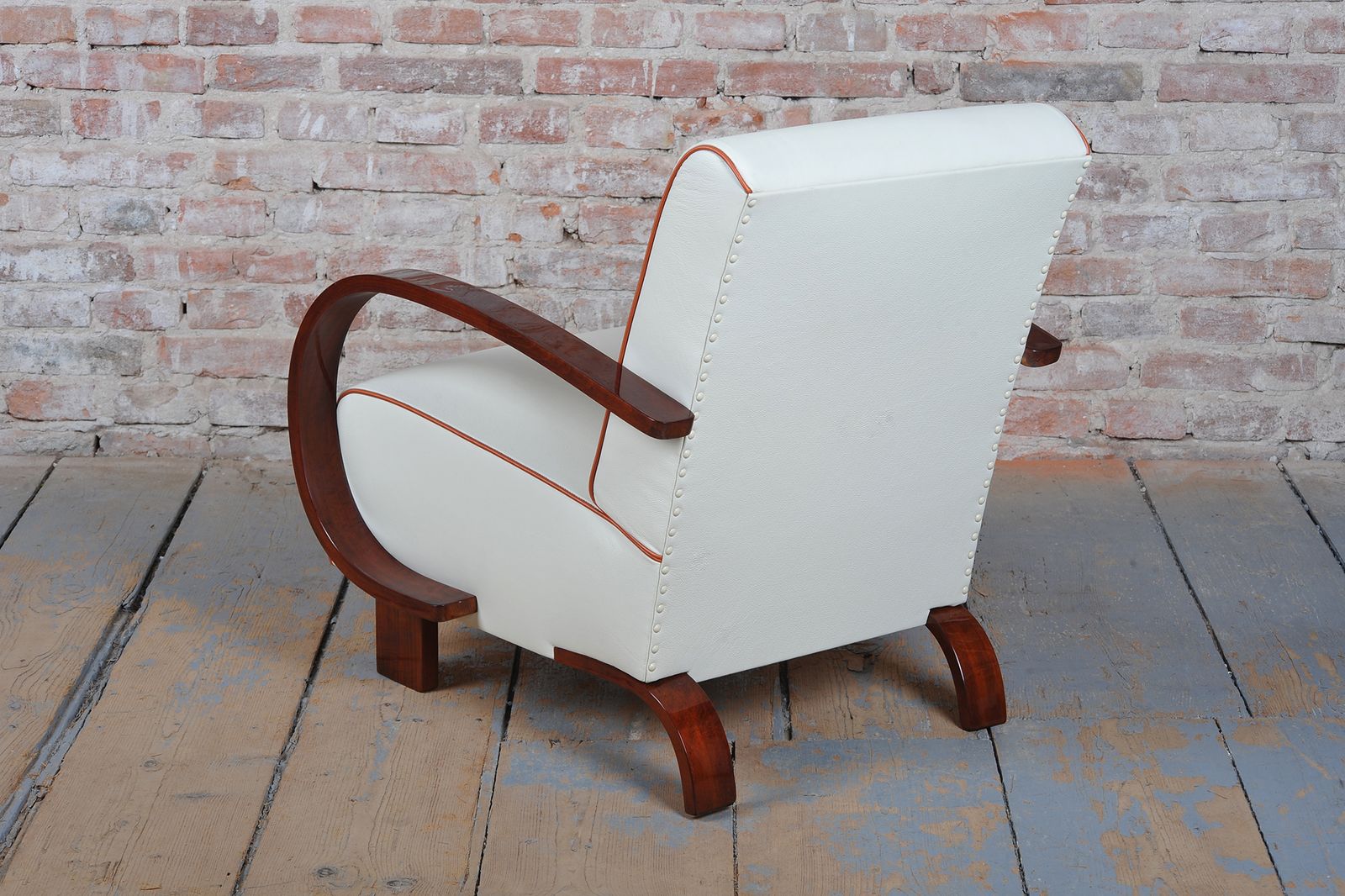 photo furniture Restored Art Deco Armchair, Walnut, Leather, Revived Polish, Czech, 1930s