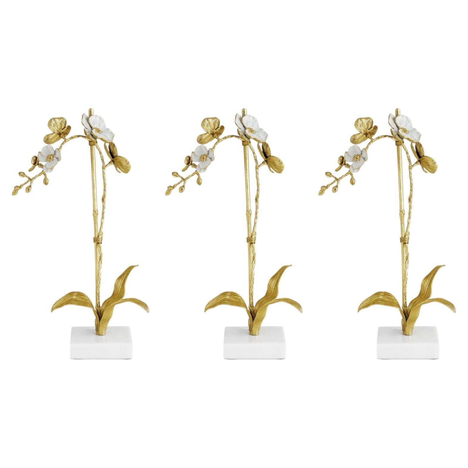 Set Of 3 Small Orchid Sculptures Brass White Enamel, Marble Base