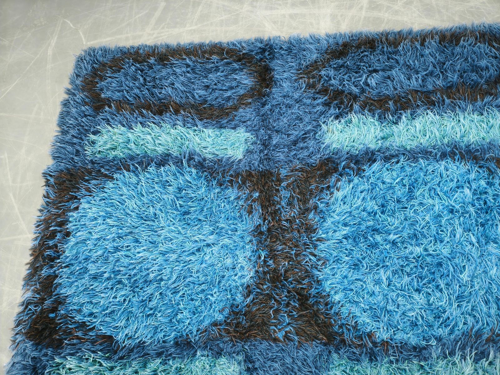 Large Danish Abstract Blue Wool Rya Rug In Ege Style photo Textiles