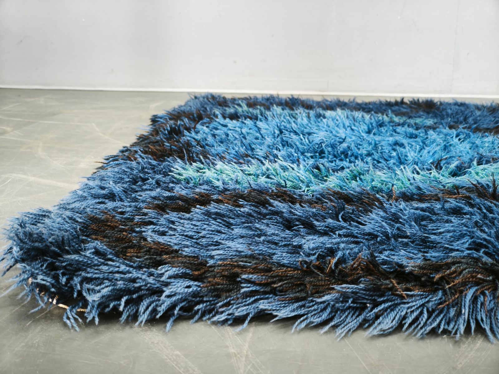 Large Danish Abstract Blue Wool Rya Rug In Ege Style photo buy