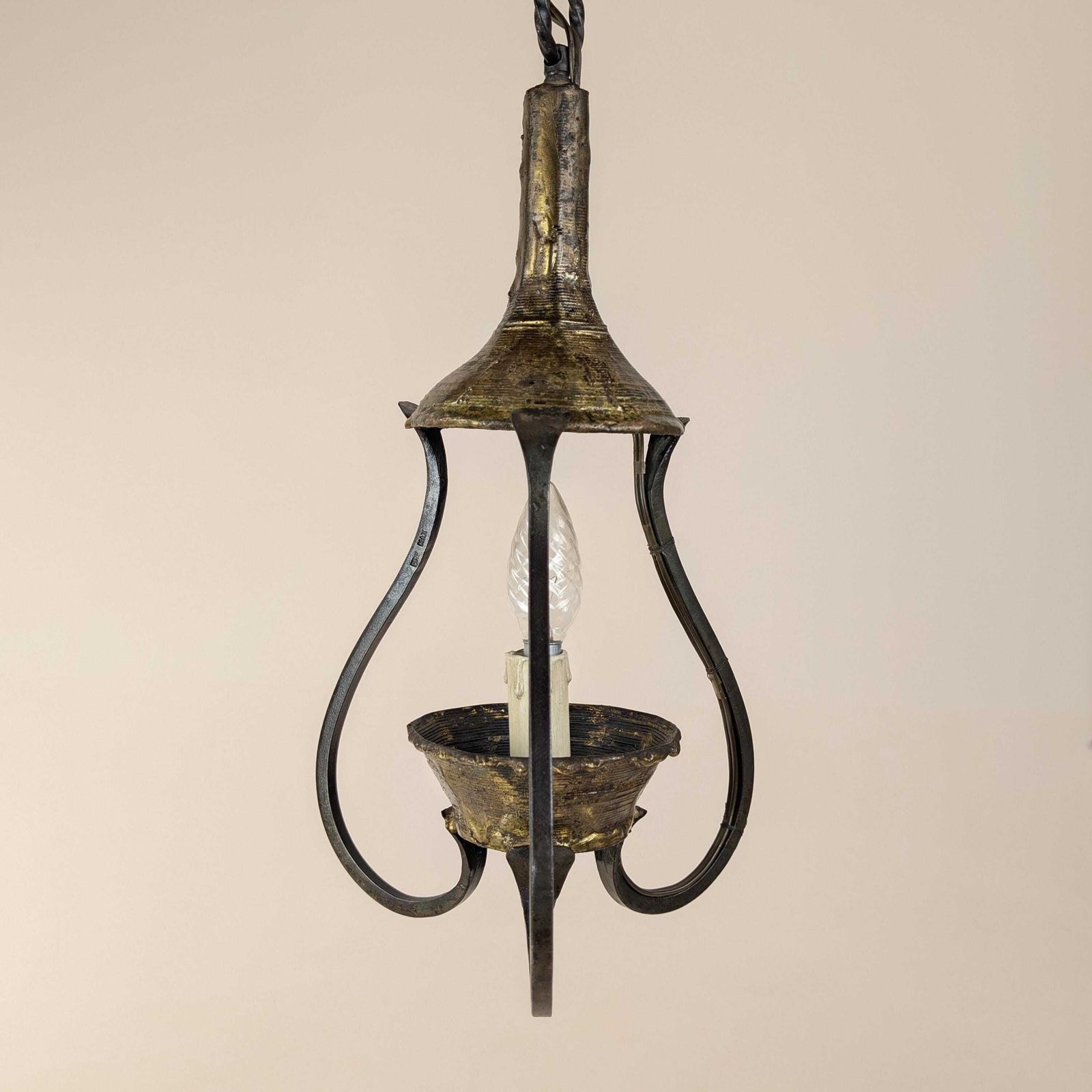 Lighting Brutalist Max Bre Iron Pendant Light Drop, Signed 1970s Vintage Cast Metal Modernist Fixture photo