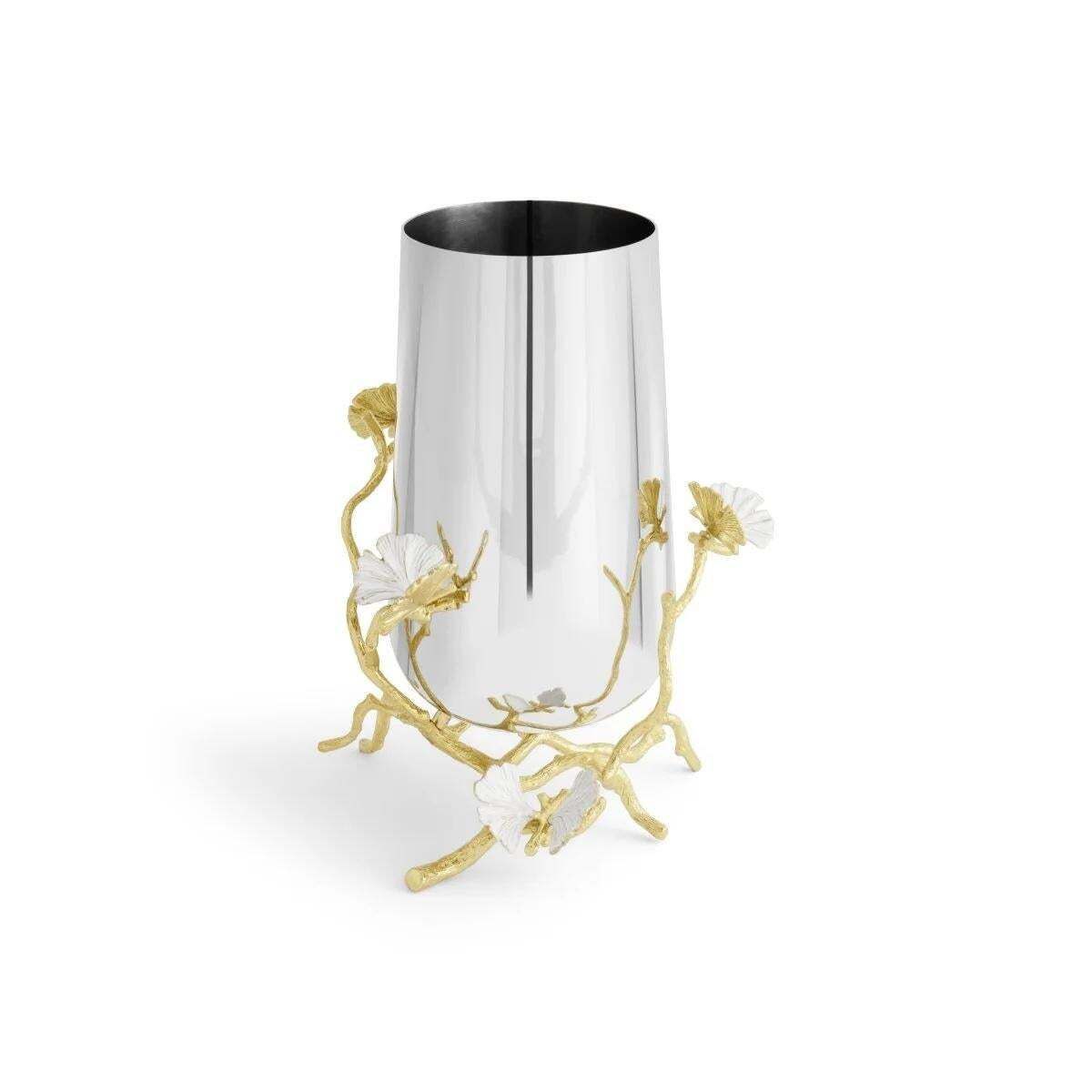 Pair Of Medium Contemporary Silver And Gold Metal Ginkgo Vase photo furniture