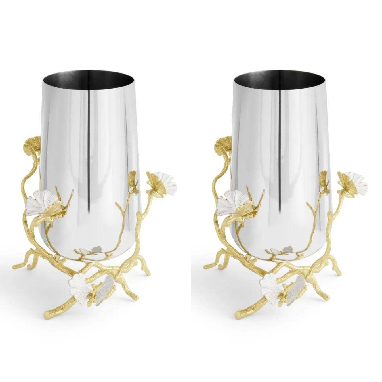 Pair Of Medium Contemporary Silver And Gold Metal Ginkgo Vase photo buy