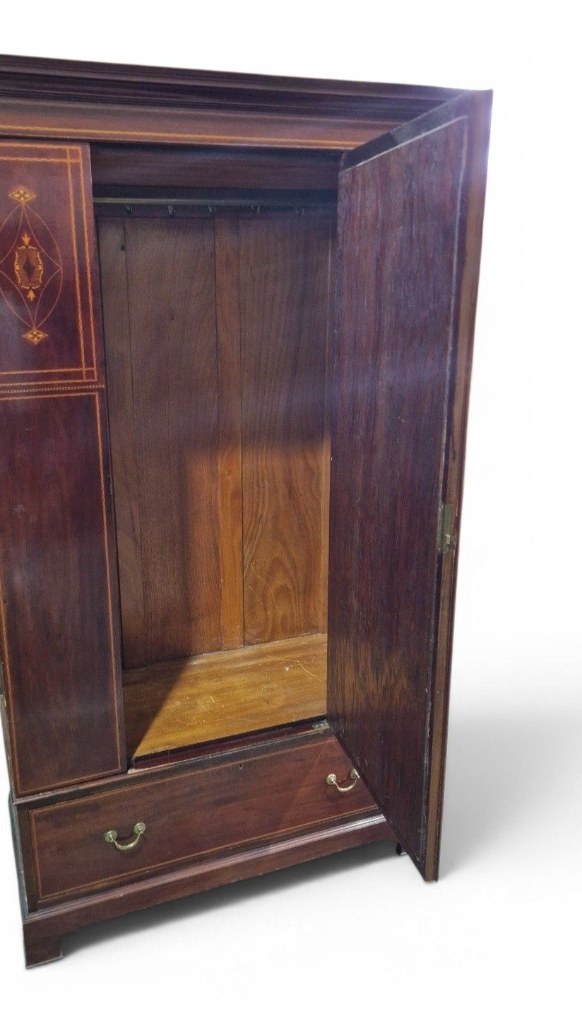 Antique Edwardian Inlaid Mahogany Wardrobe Mirrored Door Armoire With Drawer photo Furniture