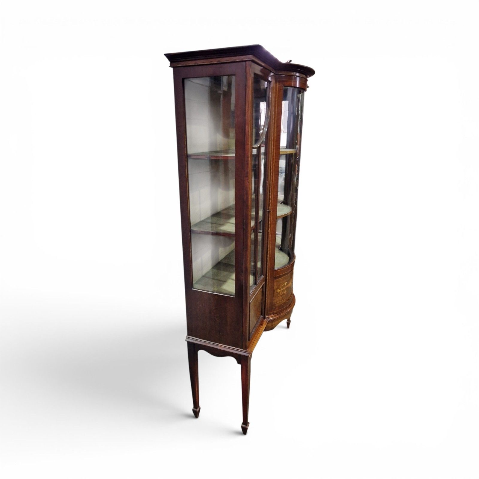 photo vinterior Antique Edwardian Inlaid Mahogany Display Cabinet Bow Front Glazed With Key