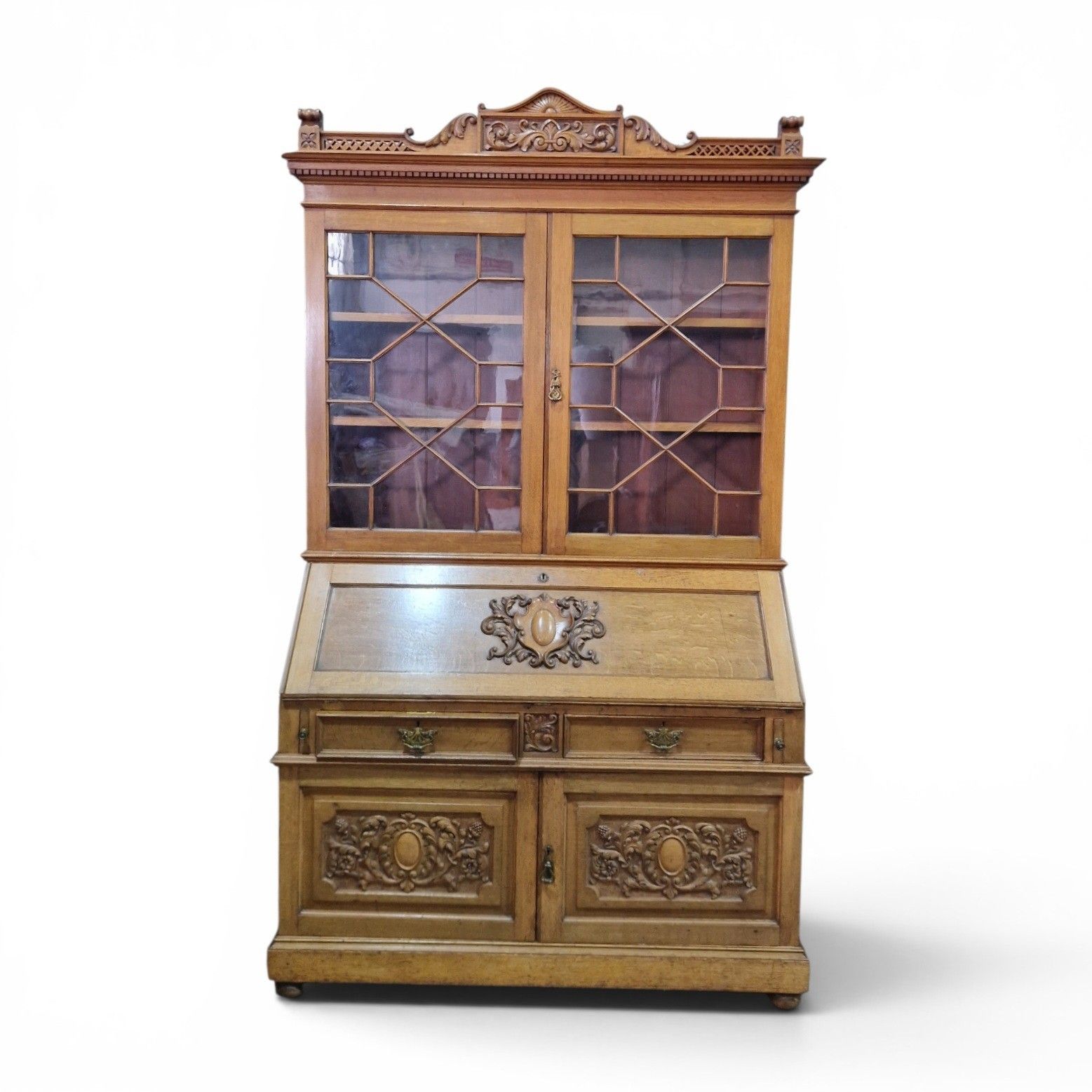 Large Oak Bureau Bookcase Display Cabinet Astragal Glazed Robson Newcastle