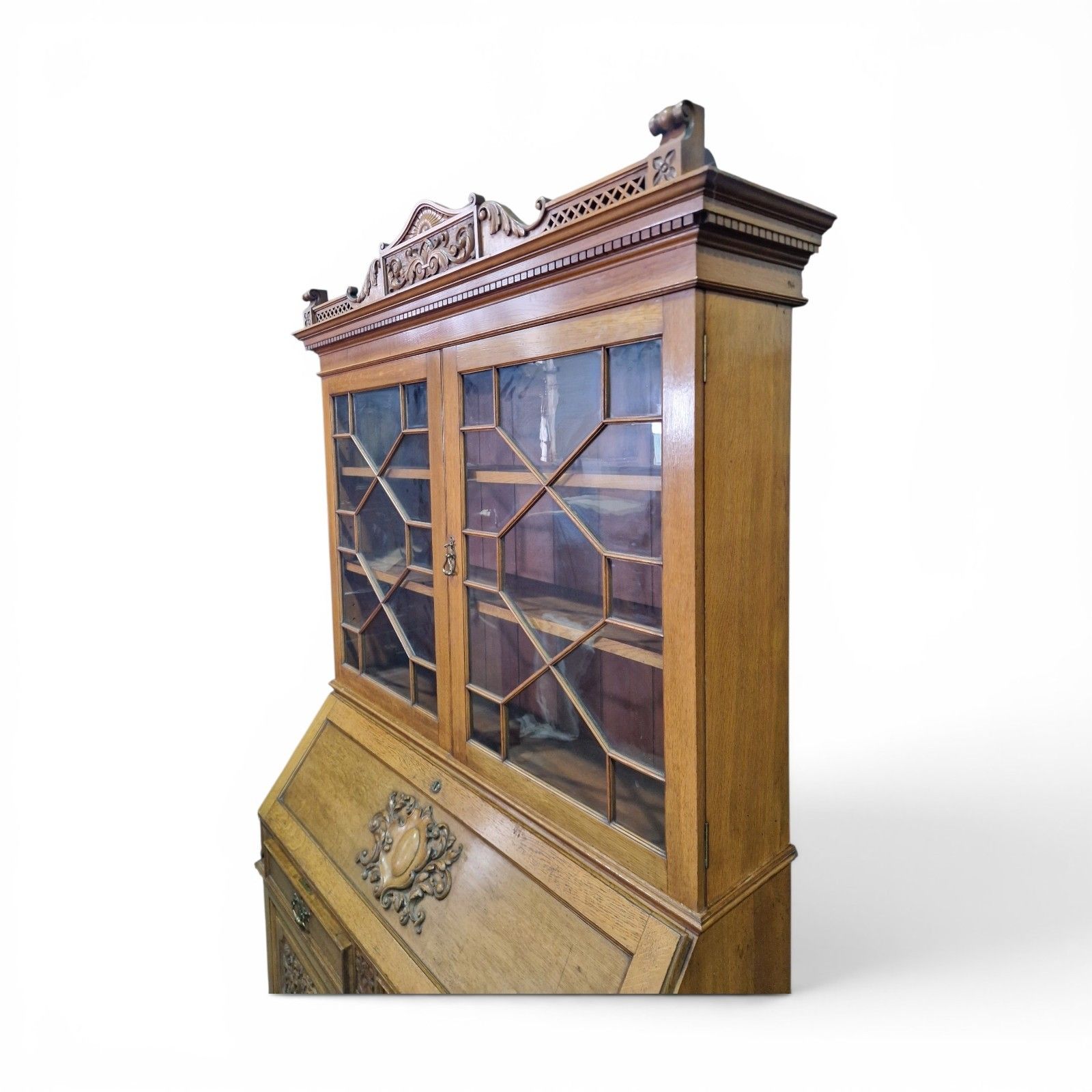 Large Oak Bureau Bookcase Display Cabinet Astragal Glazed Robson Newcastle photo vinterior