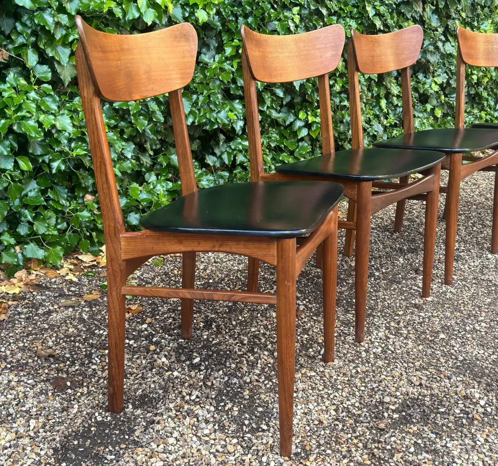Set Of Four Mid Century Teak Vinyl Dining Chairs photo Furniture