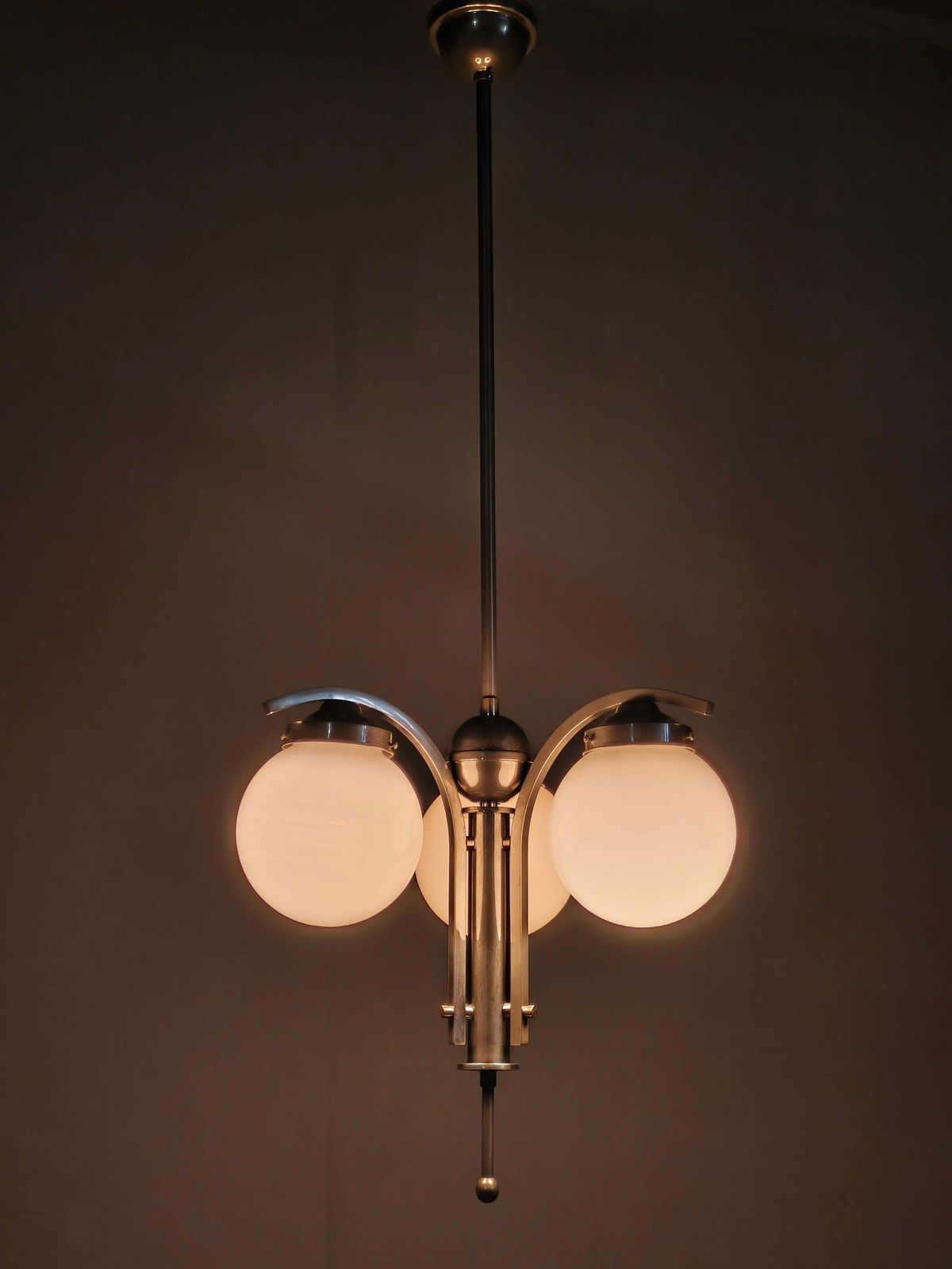 1930s Art Deco Nickel Chandelier With Opaline Glass Globes photo for sale