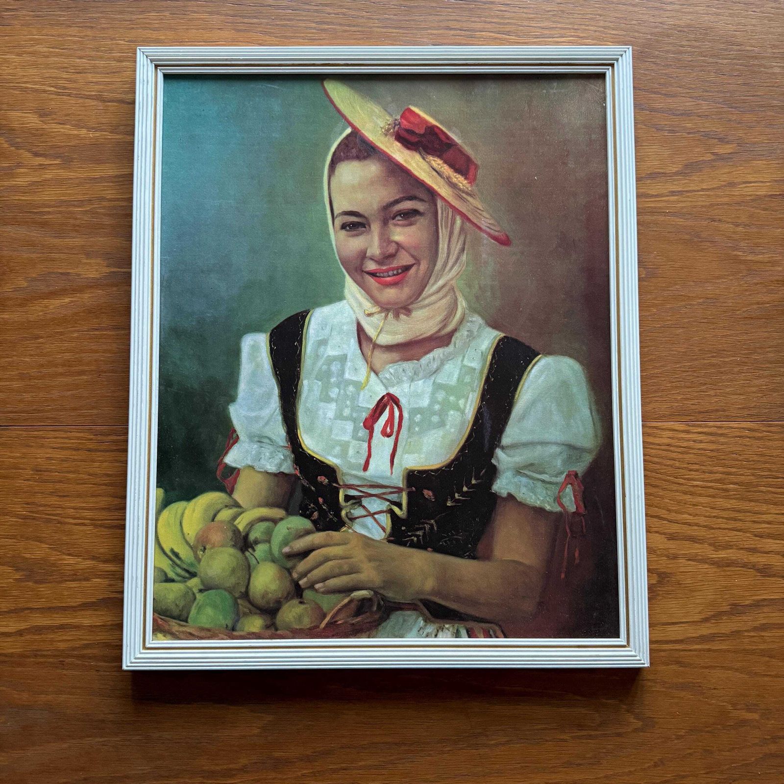 Vintage Mid Century Portrait Print – Woman With Fruit Basket, Folk Dress, Framed 17.5" X 23".