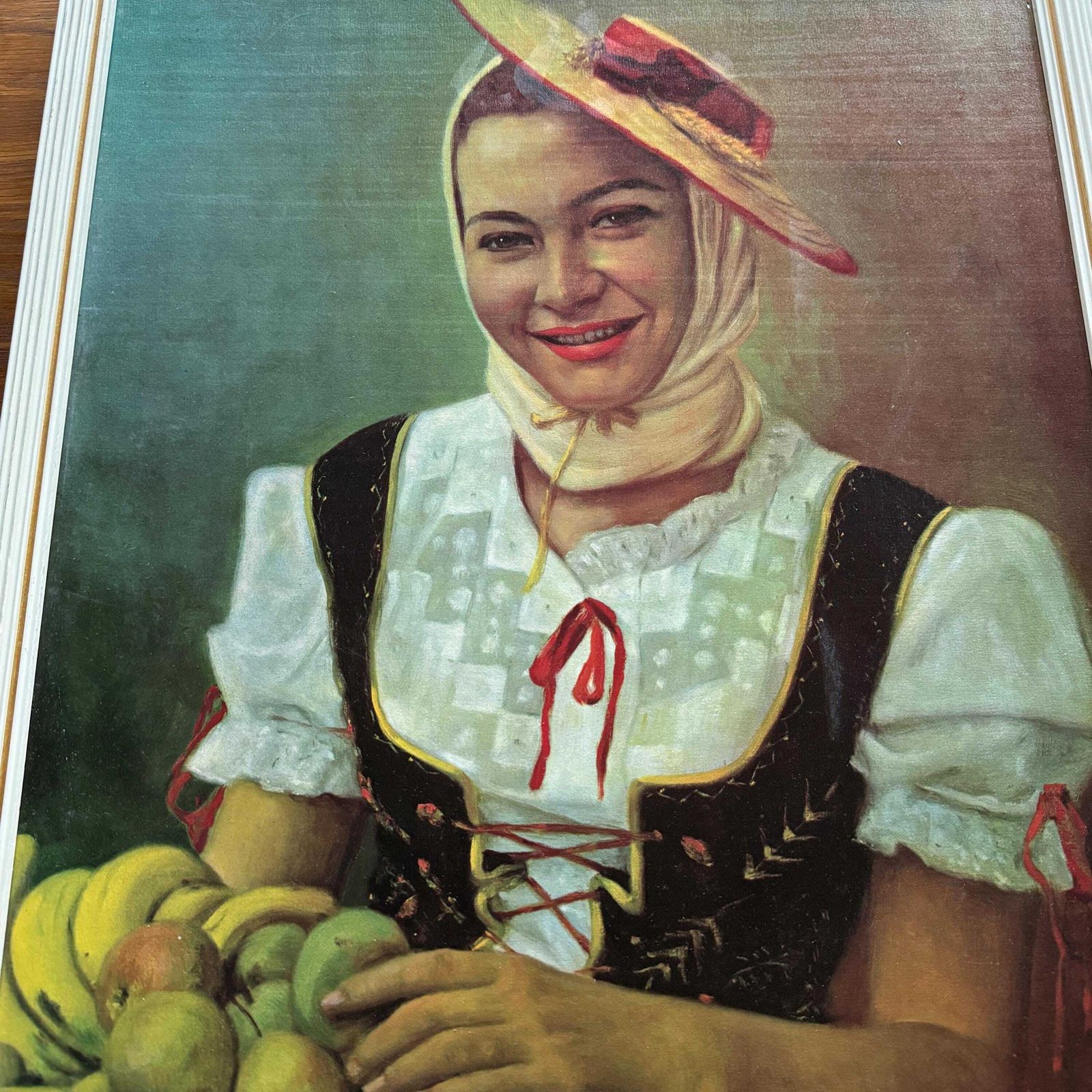 Vintage Mid Century Portrait Print – Woman With Fruit Basket, Folk Dress, Framed 17.5" X 23". photo 55.0