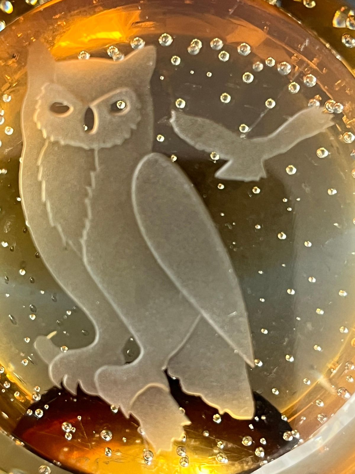 Caithness Glass Paperweight. Wise Old Owls, Scotland Circa 1980s photo for sale