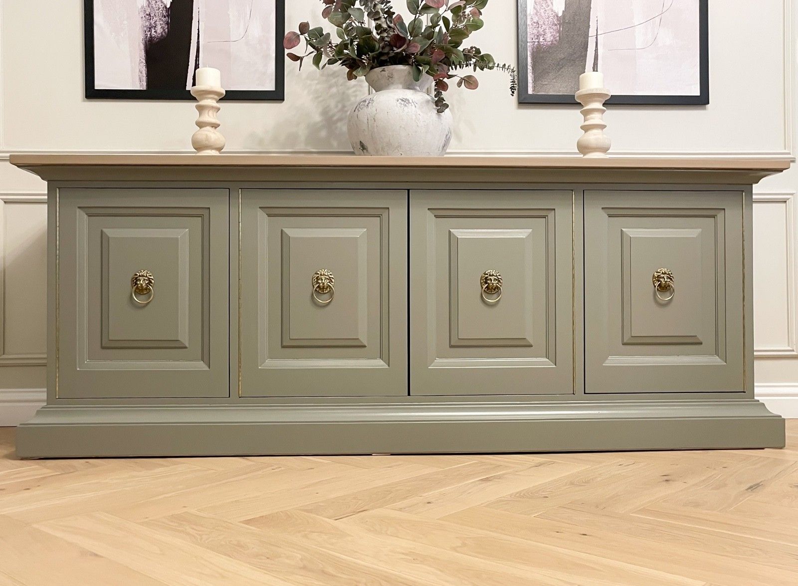 Furniture Large Antique Mid Century Solid Oak Sideboard Dresser Console Table Cabinet photo