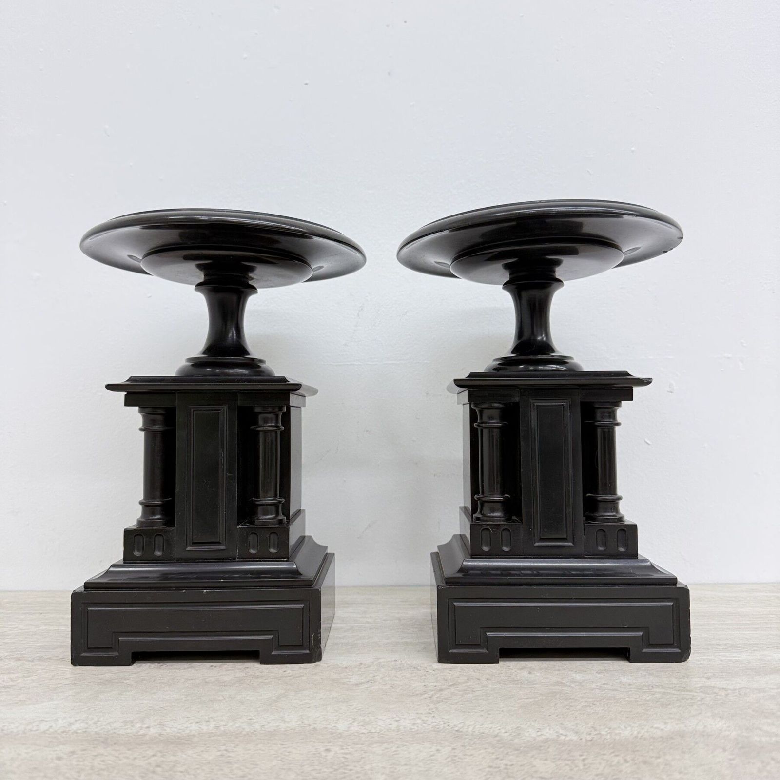 Antique French Black Marble Cassoulets Gilt Decor Pedestals Neoclassical Pair , 1900s