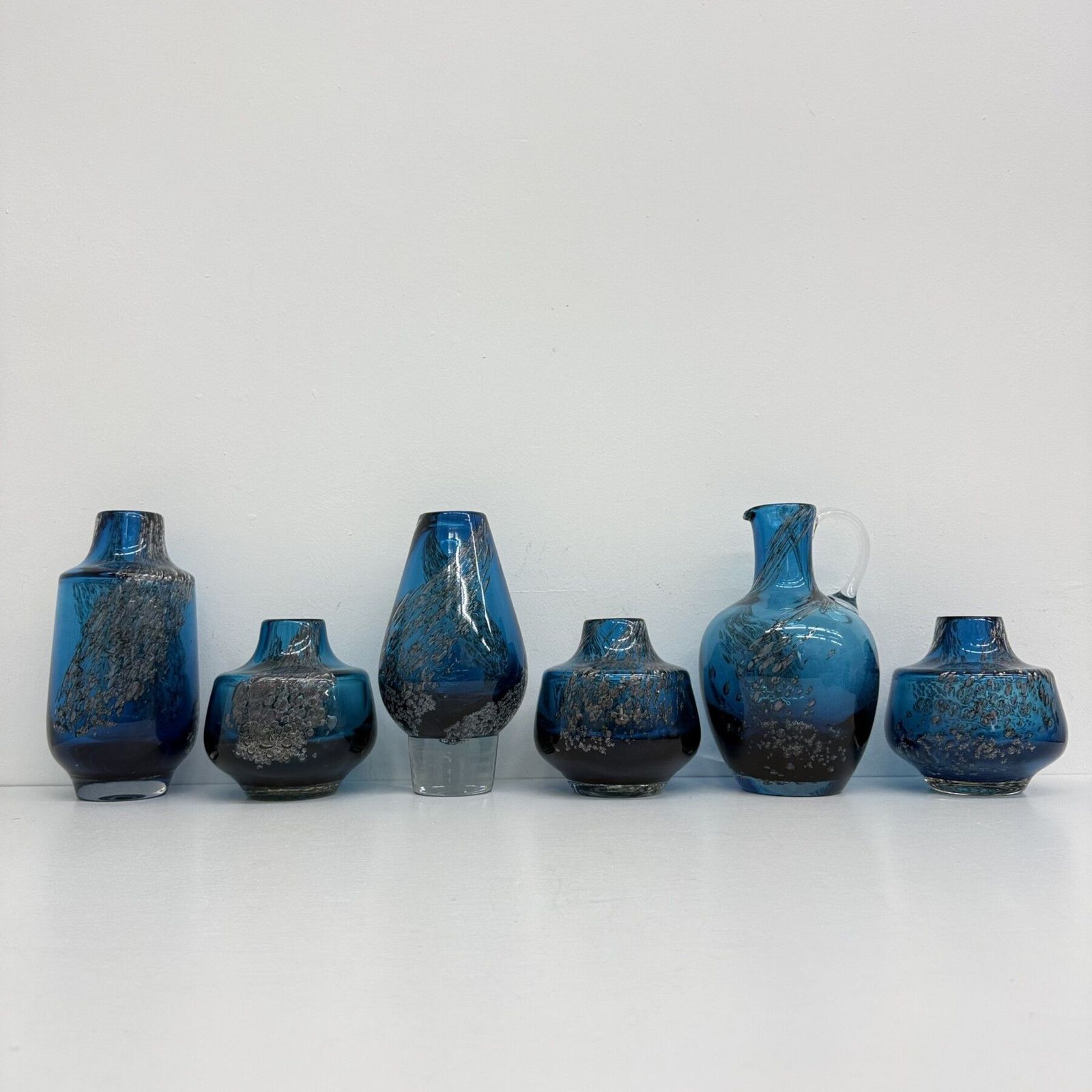 Set Of 6 Schot Wiesel Glass Vases Bavarian Glass Art ‘Florida’ By Heinrich Löffelhardt Blue Bubbles 1970s Germany photo furniture