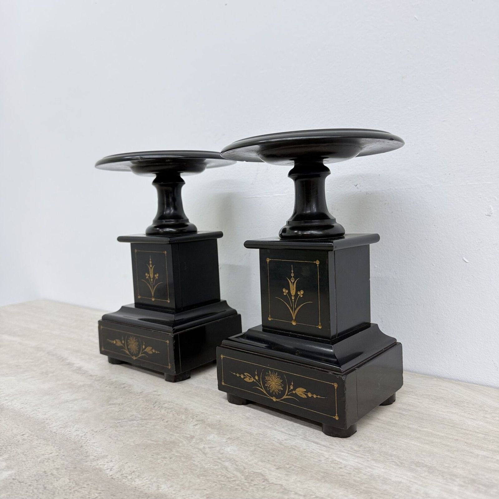 Antique French Black Marble Cassoulets Gilt Decor Pedestals Neoclassical Pair , 1900s photo Home Decor