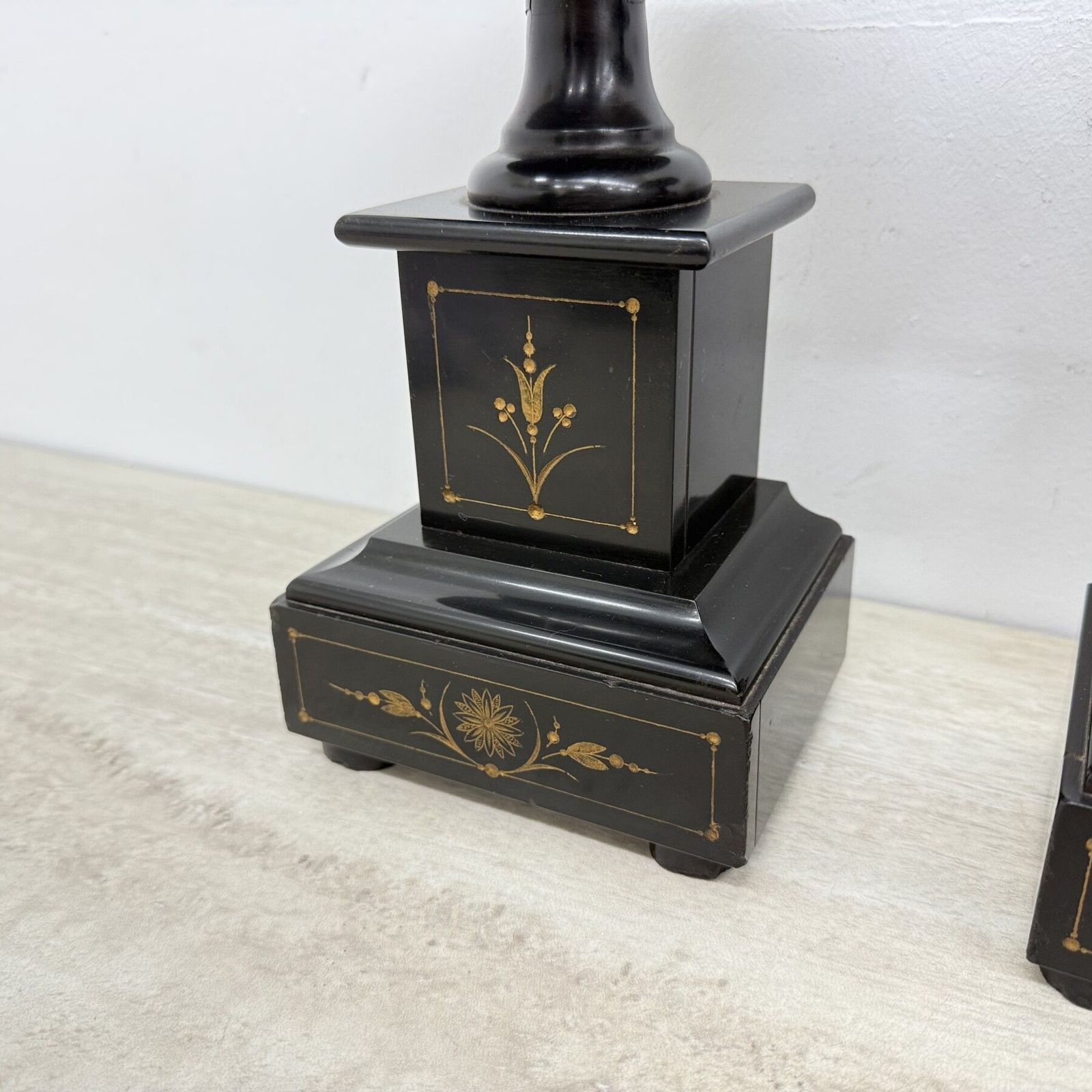 photo buy Antique French Black Marble Cassoulets Gilt Decor Pedestals Neoclassical Pair , 1900s